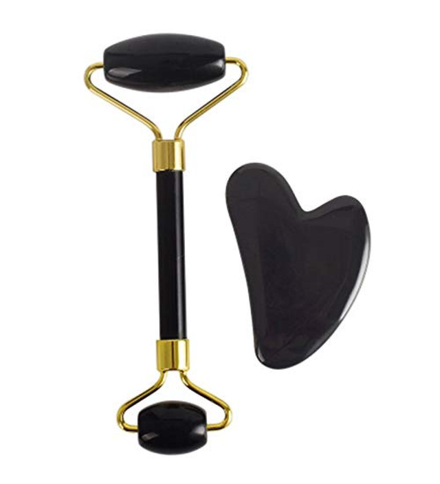 Jade Roller & Gua Sha Face Roller Rose Quartz Massager Facial Beauty Roller Skin Care Tools for Face Eyes Neck Reduce Wrinkle and Dark Circle (Black) - Buy Online on GoSupps.com