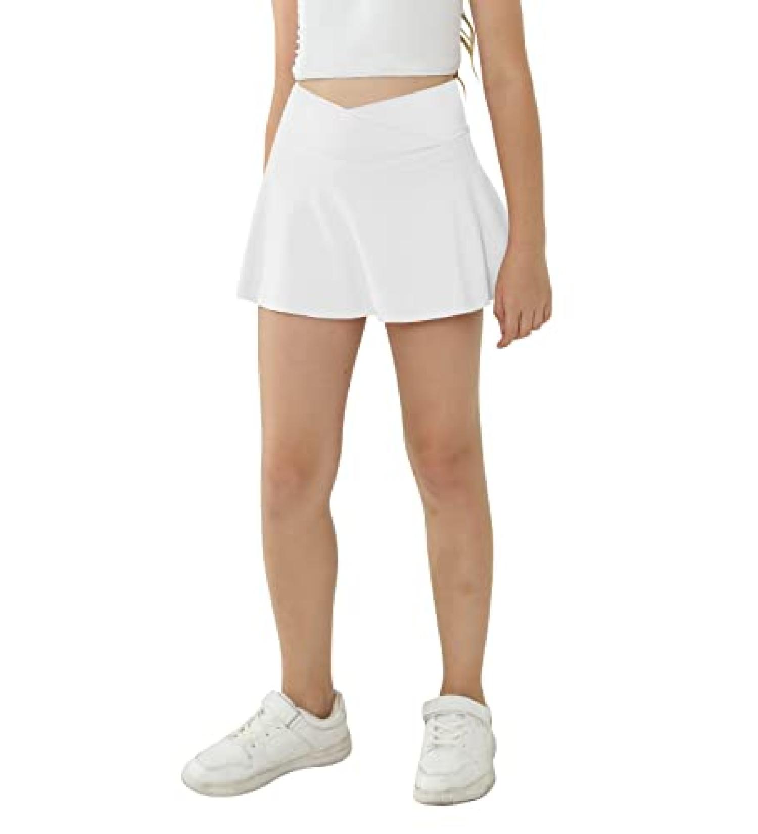 Girl's High Waist Sport Skort with Pockets - Athletic Workout Skirt 9-10 Years, White - Buy Online on GoSupps.com