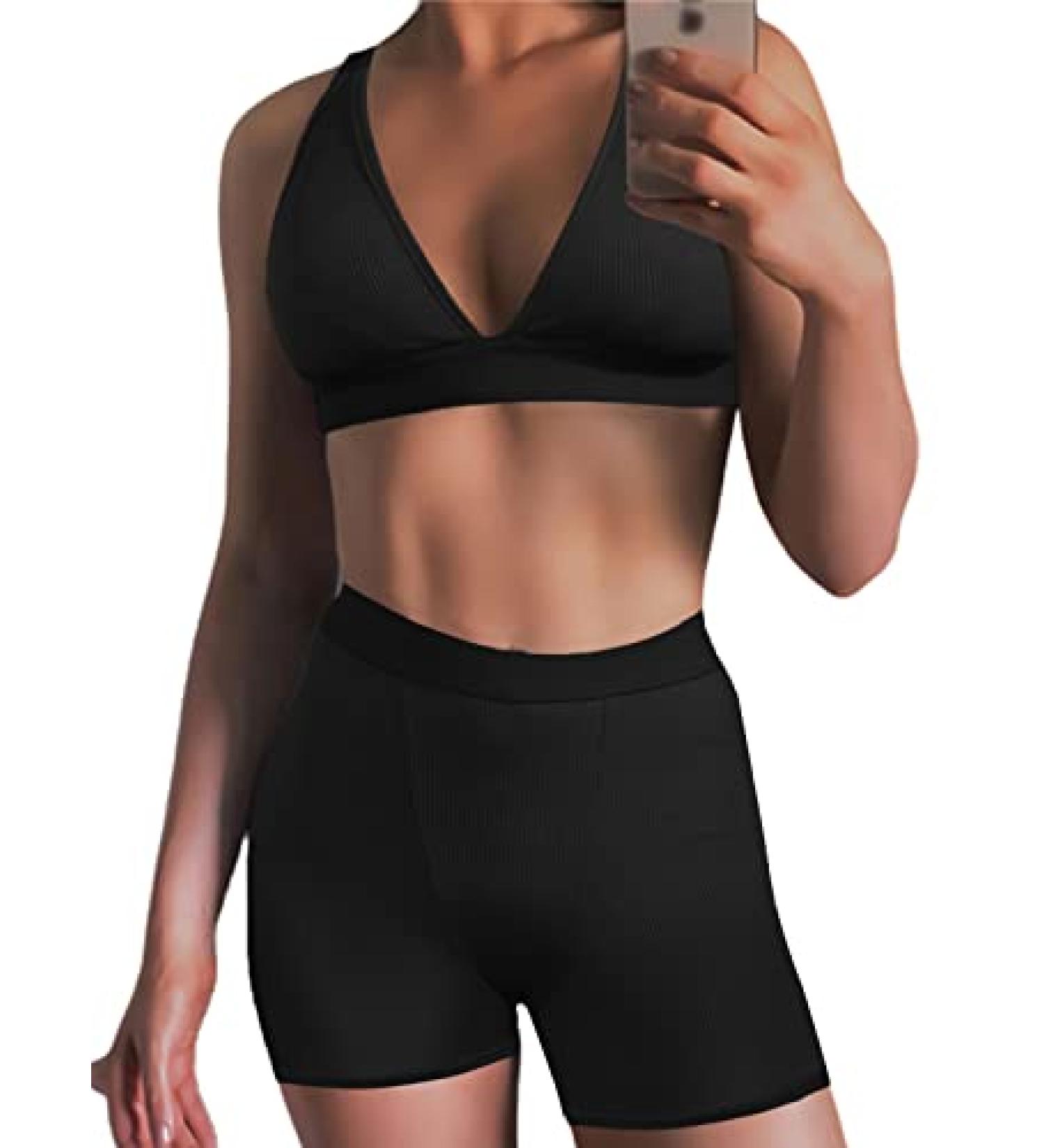 Women's High Waist Bodycon Yoga Leggings & Crop Top Set - Black | Gym Workout Outfit - Buy Online on GoSupps.com