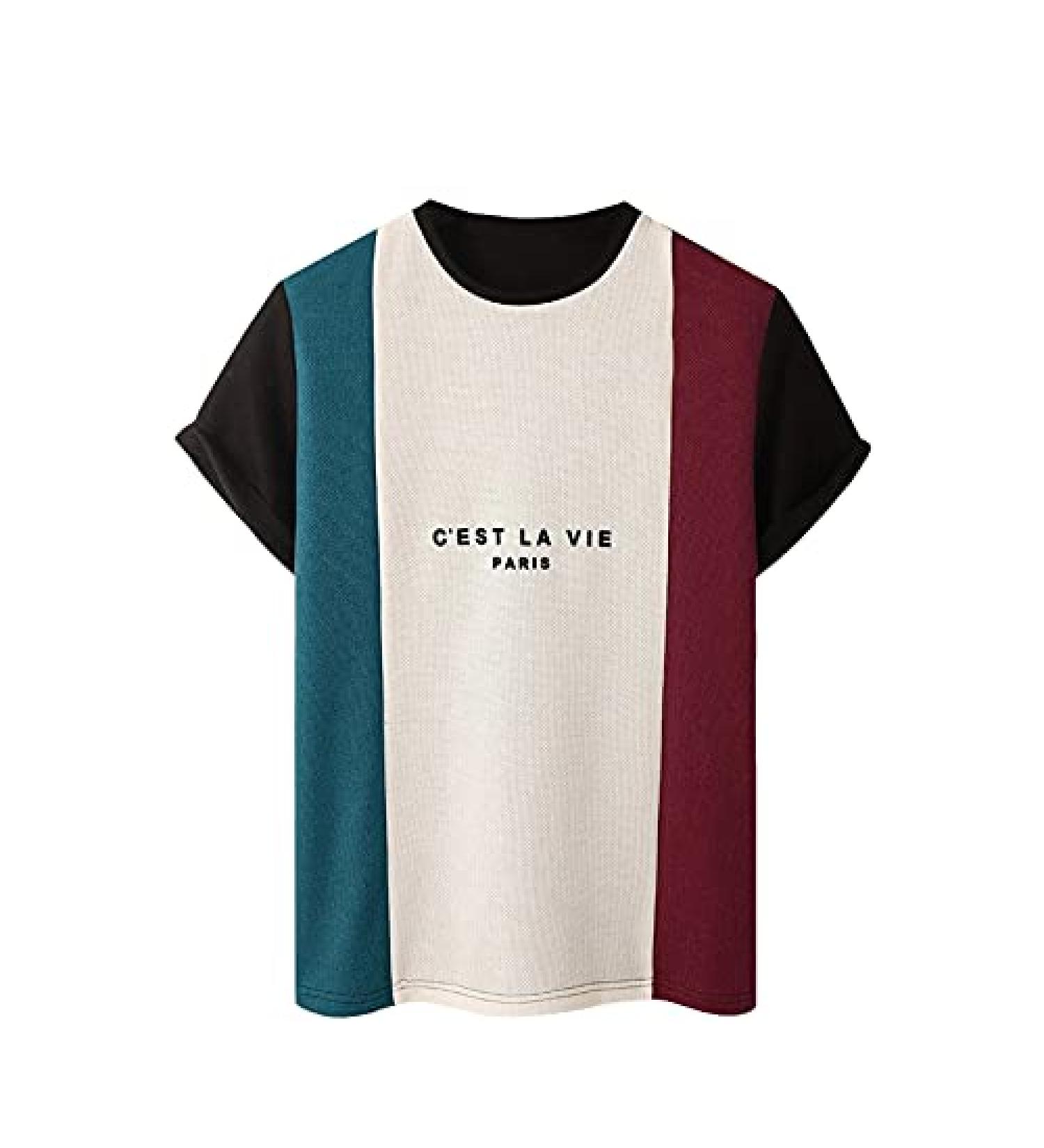 BEUU 2022 Men's Color Block Letter Print T-Shirt - Wine, X-Large - Buy Online on GoSupps.com