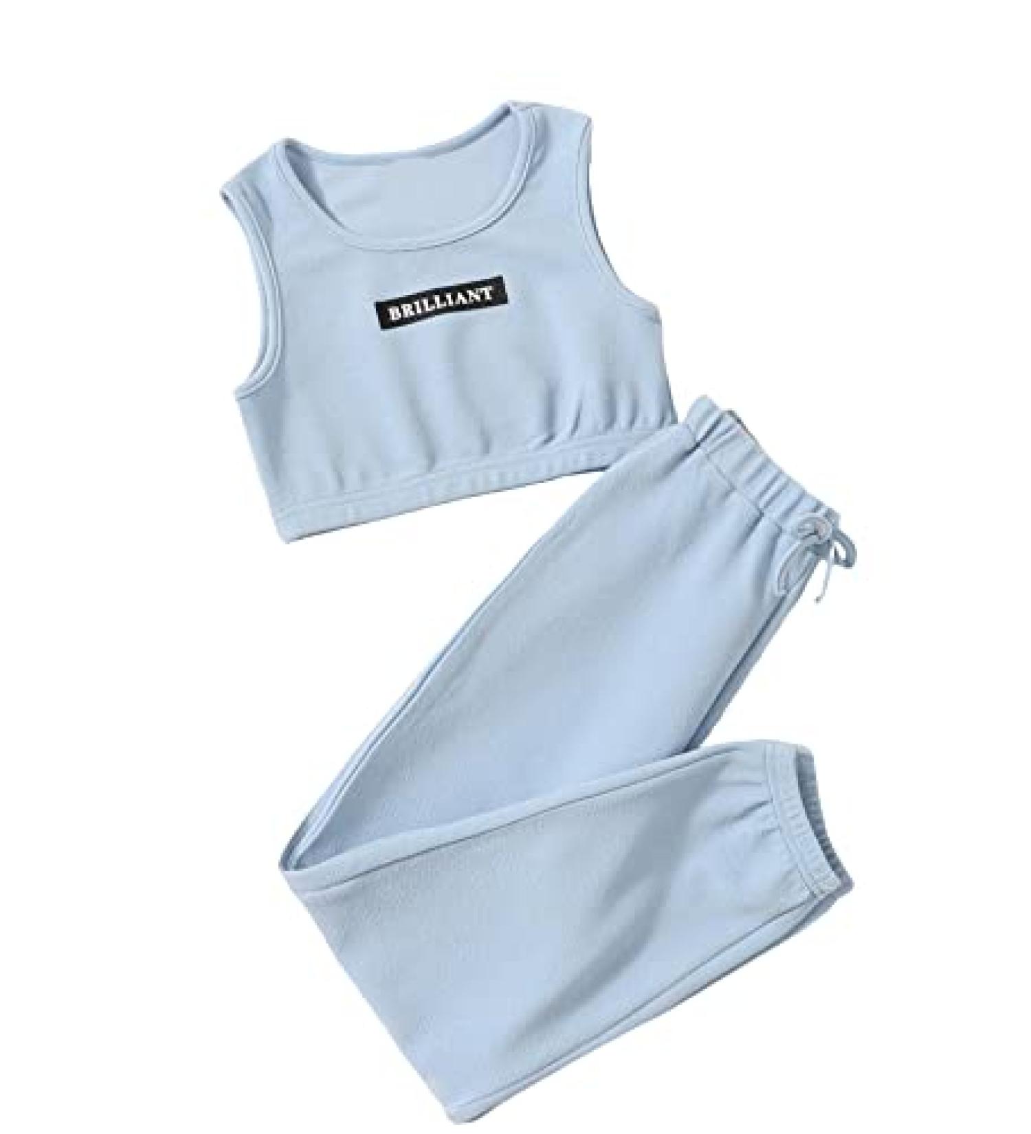 OYOANGLE Girl's Letter Crop Tank Top & Sweatpants Set | 10 Years Blue - Buy Online on GoSupps.com