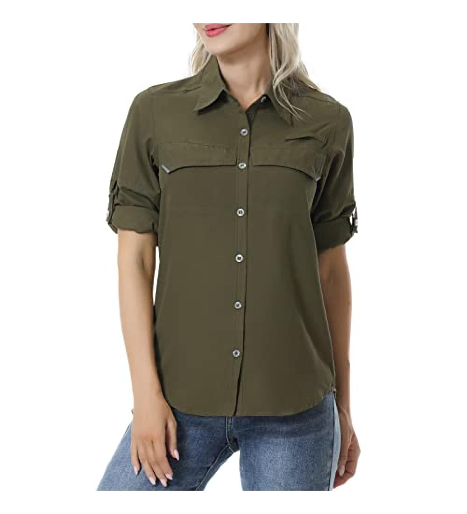 Women's UV Sun Protection Fishing Shirt | Long Sleeve Safari Shirt - Army Green (Small) - Buy Online on GoSupps.com