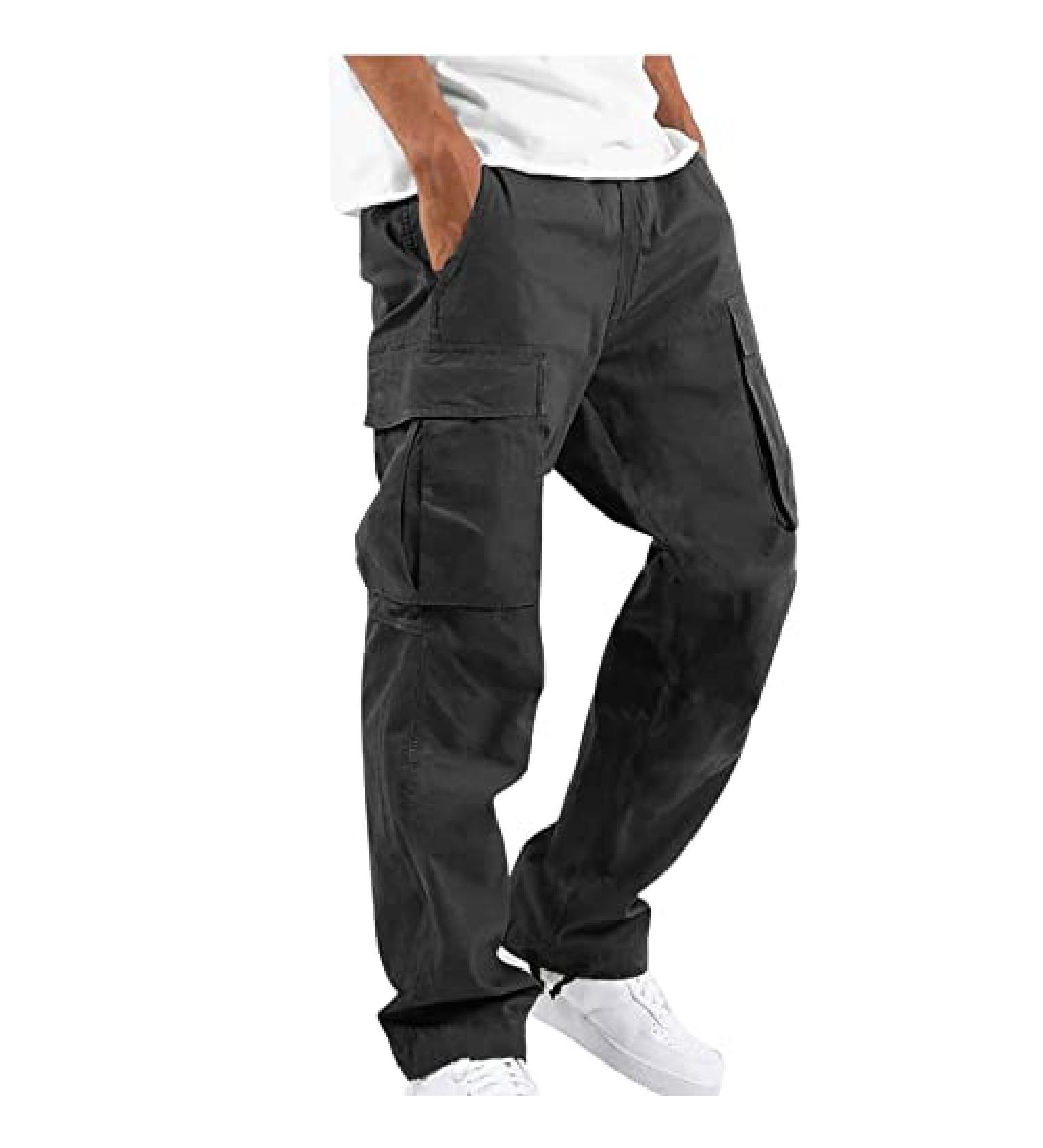 Men's Relaxed Fit Khaki Cargo Pants - Slim Beach Work Streetwear with Zipper Pockets | Black, Small - Buy Online on GoSupps.com