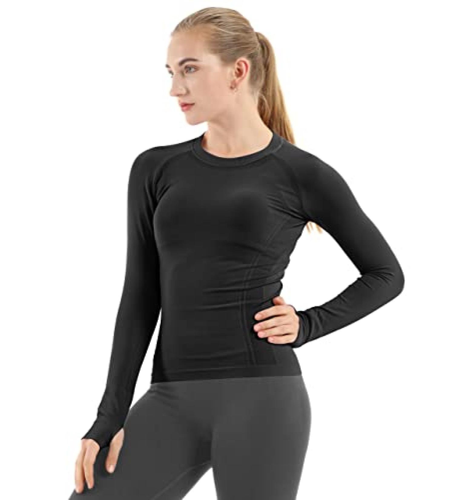 MathCat Women's Seamless Long Sleeve Workout Shirt - Breathable Athletic Top for Yoga, Running, and Sports - Medium, Black - Buy Online on GoSupps.com