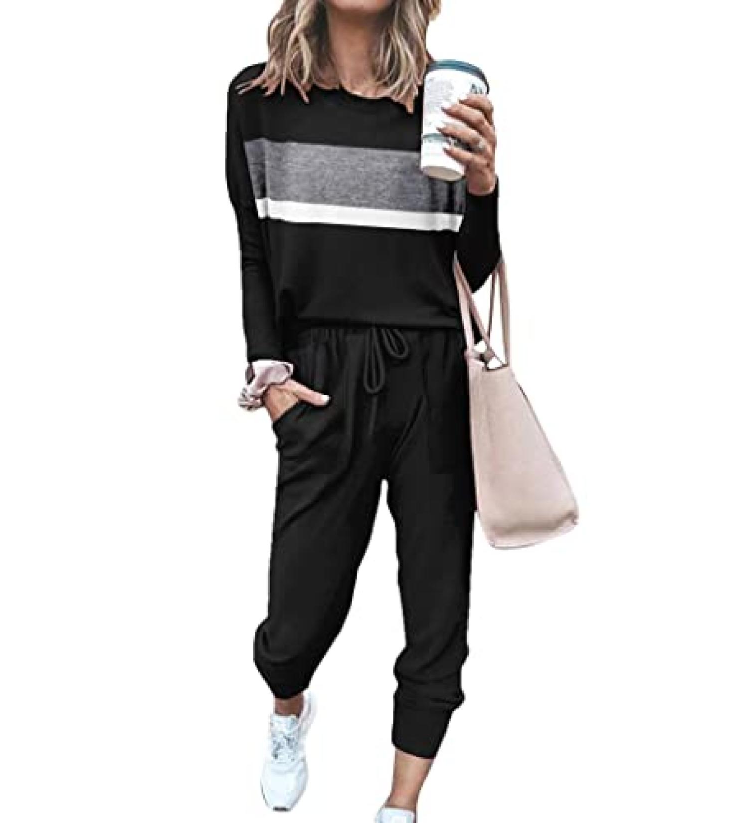 Bofell Lounge Set for Women - Two Piece Outfit with Pockets - Loose Fit - Black & Grey - Size Large - Buy Online on GoSupps.com