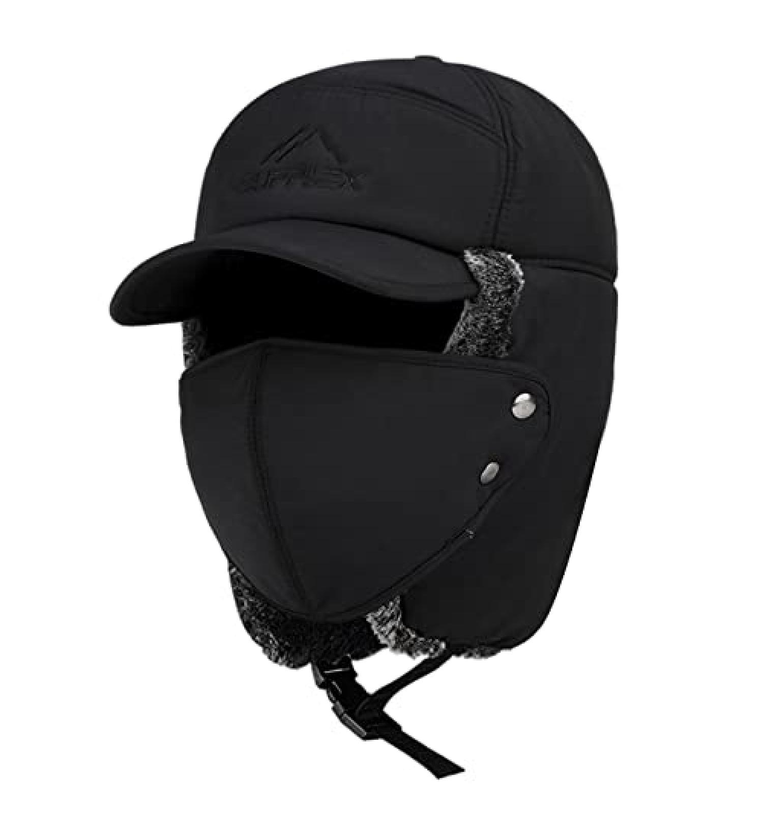 Men's Trapper Bomber Hat - Winter Russian Aviator Style with Ear Flaps, Fur Lined Facemask Cap in Black - Buy Online on GoSupps.com