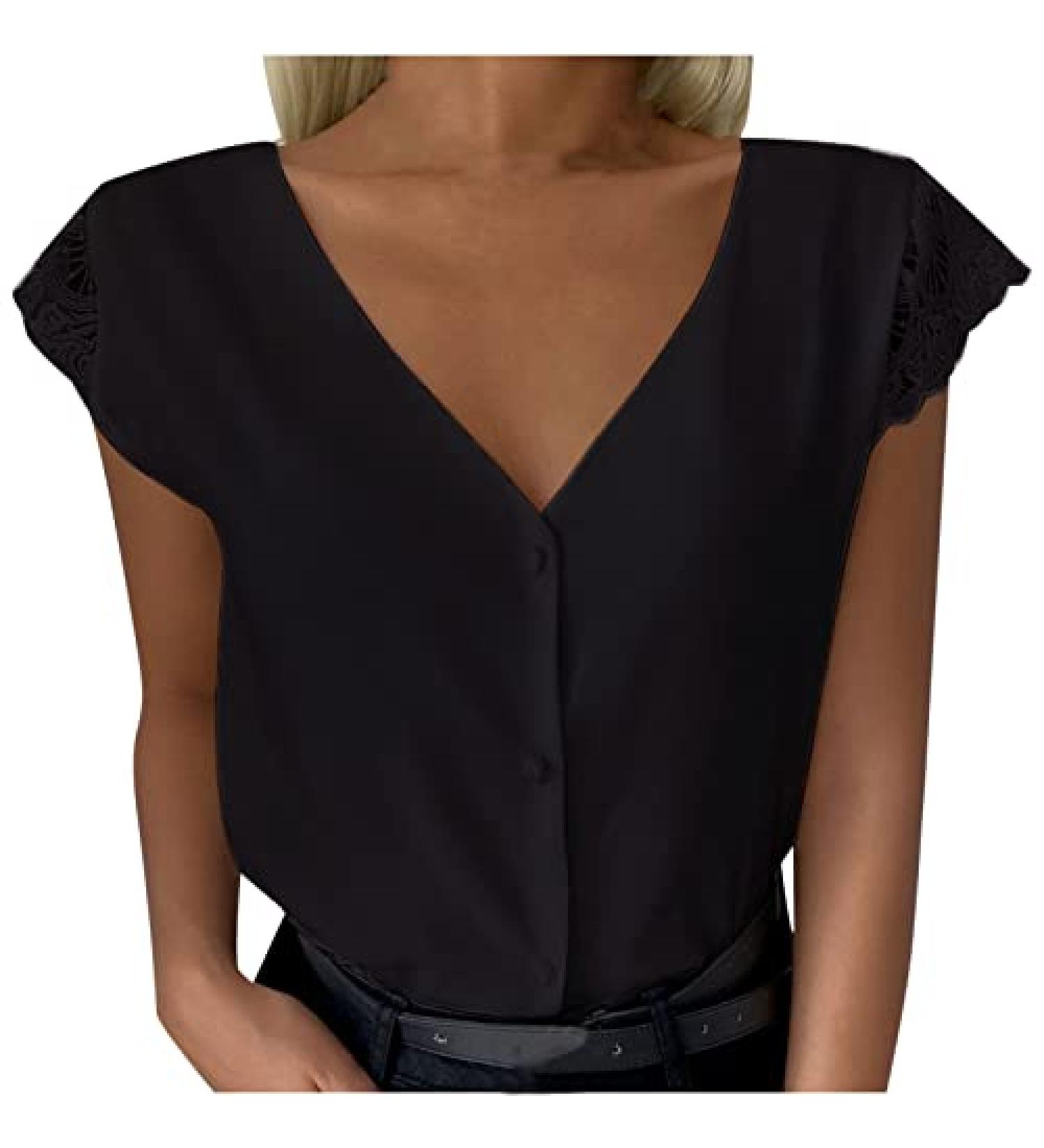 Women's Black V Neck Button Down Blouse with Lace Trim Backless Detail | Cap Sleeve Tunic Shirt - Buy Online on GoSupps.com