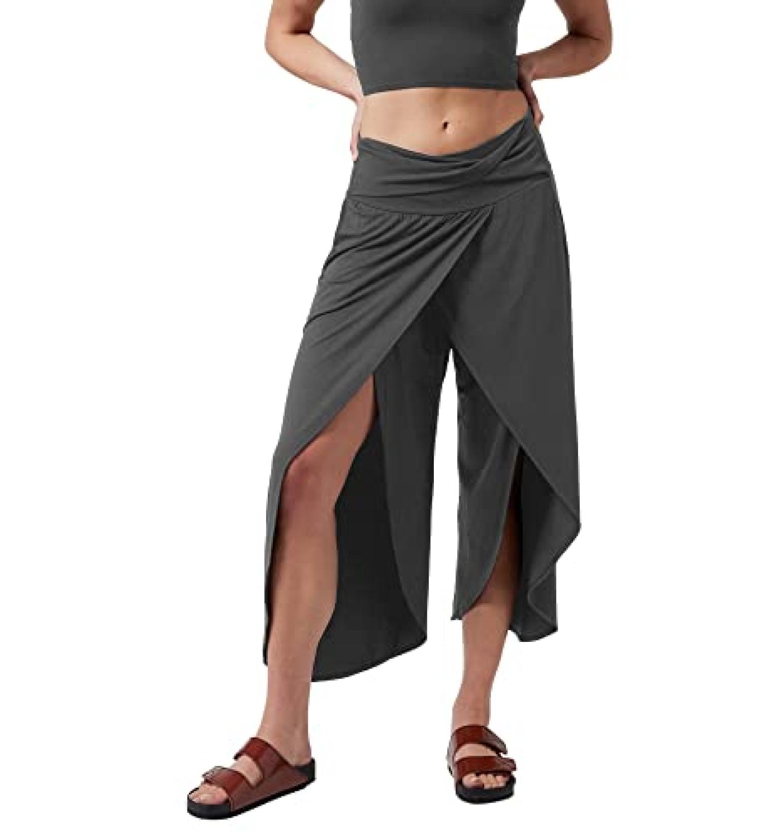 Women's High Waist Yoga Pants - Split Wide Leg Capri with Pocket - Dark Gray, XX-Large - Buy Online on GoSupps.com