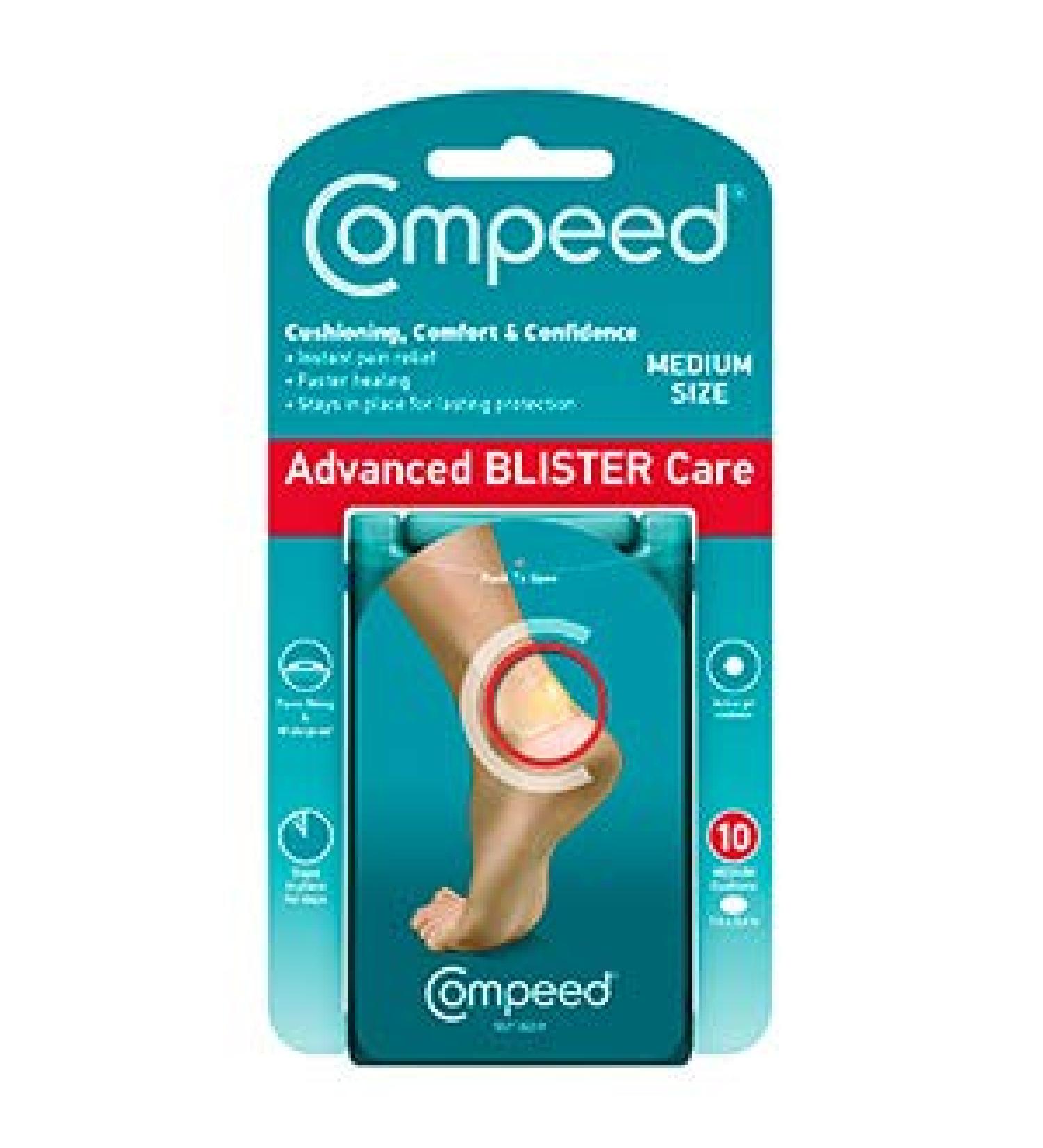 Compeed Advanced Blister Care Cushions 10 Count Medium Pads - 1 Pack - Heel Blister Patches - Foot Blister Prevention and Treatment - Hydrocolloid Waterproof Bandages - Buy Online on GoSupps.com