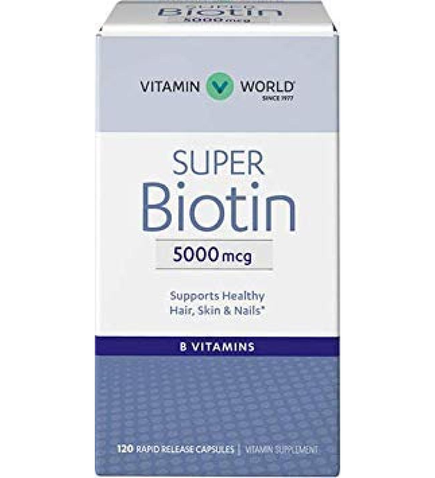 Vitamin World Super Biotin 5000 mcg. 120 Capsules B Vitamin Hair Skin and Nails Rapid-Release Gluten Free