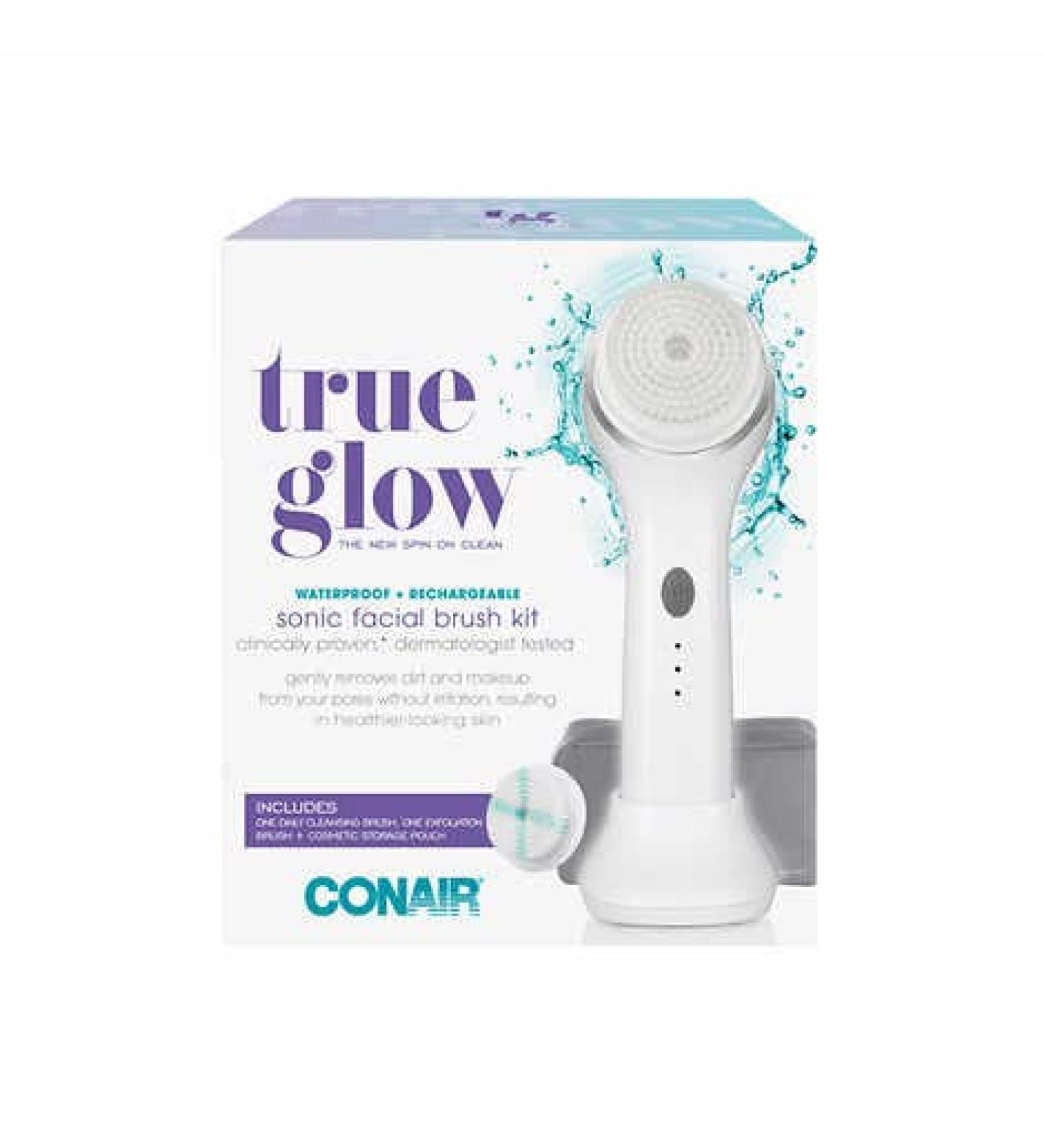 Conair True Glow Sonic Facial Brush Kit - Waterproof, Rechargeable, 2 Brush Heads, Cosmetic Pouch - Buy Online on GoSupps.com