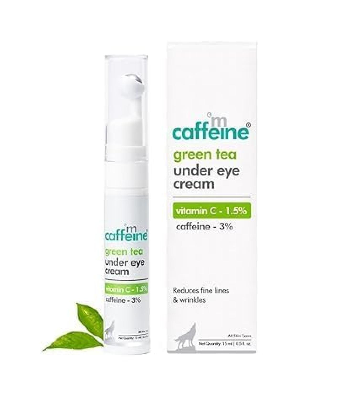 Caffeine Green Tea Under Eye Cream | Reduce Fine Lines Wrinkles & Dark Circles | Cooling Gel & Roller for Men & Women - 15 ml - Buy Online on GoSupps.com