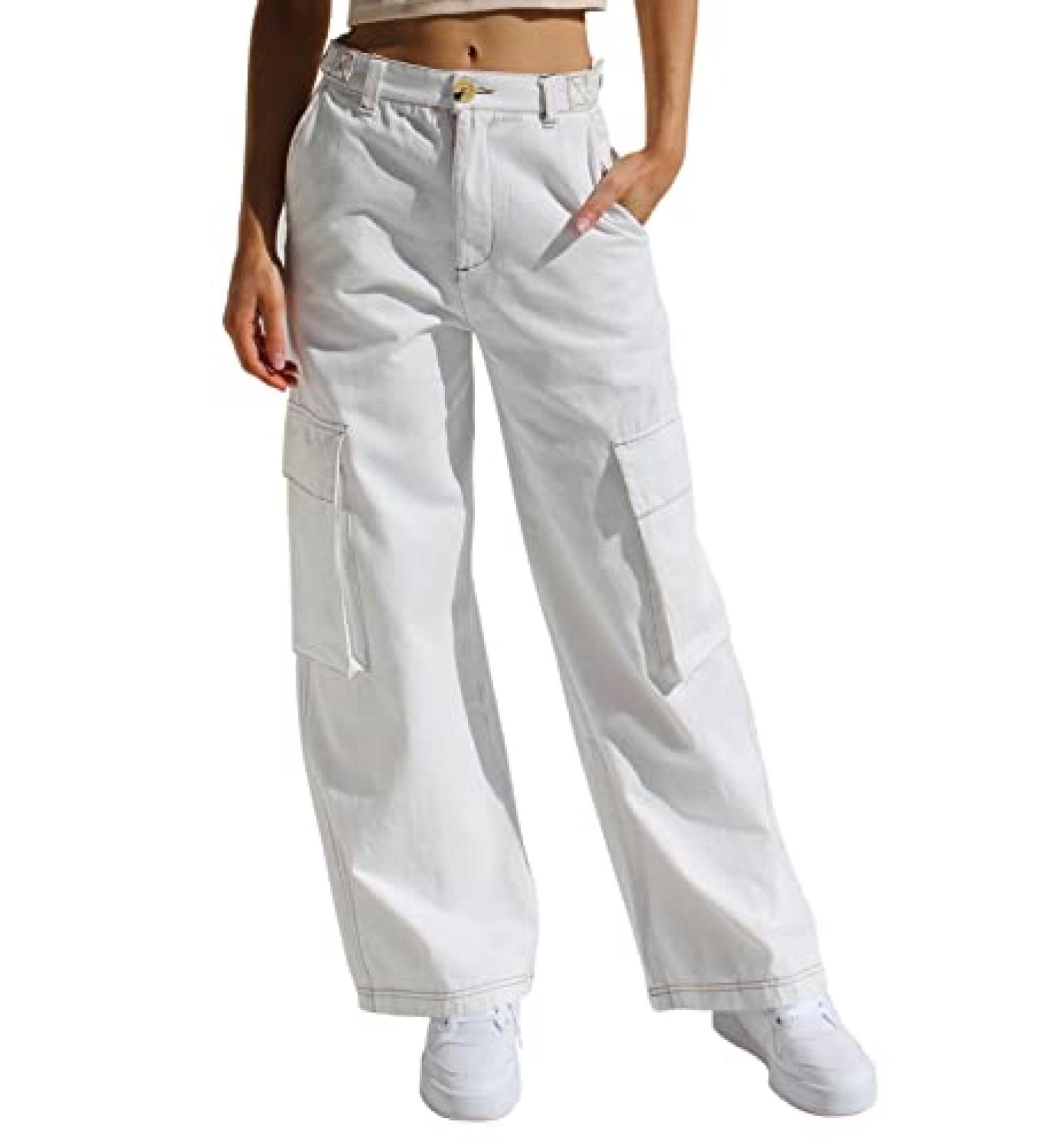 EVALESS Women's High Waisted Cargo Pants - Casual Loose Fit Straight Leg Trousers with Pockets - White - Buy Online on GoSupps.com