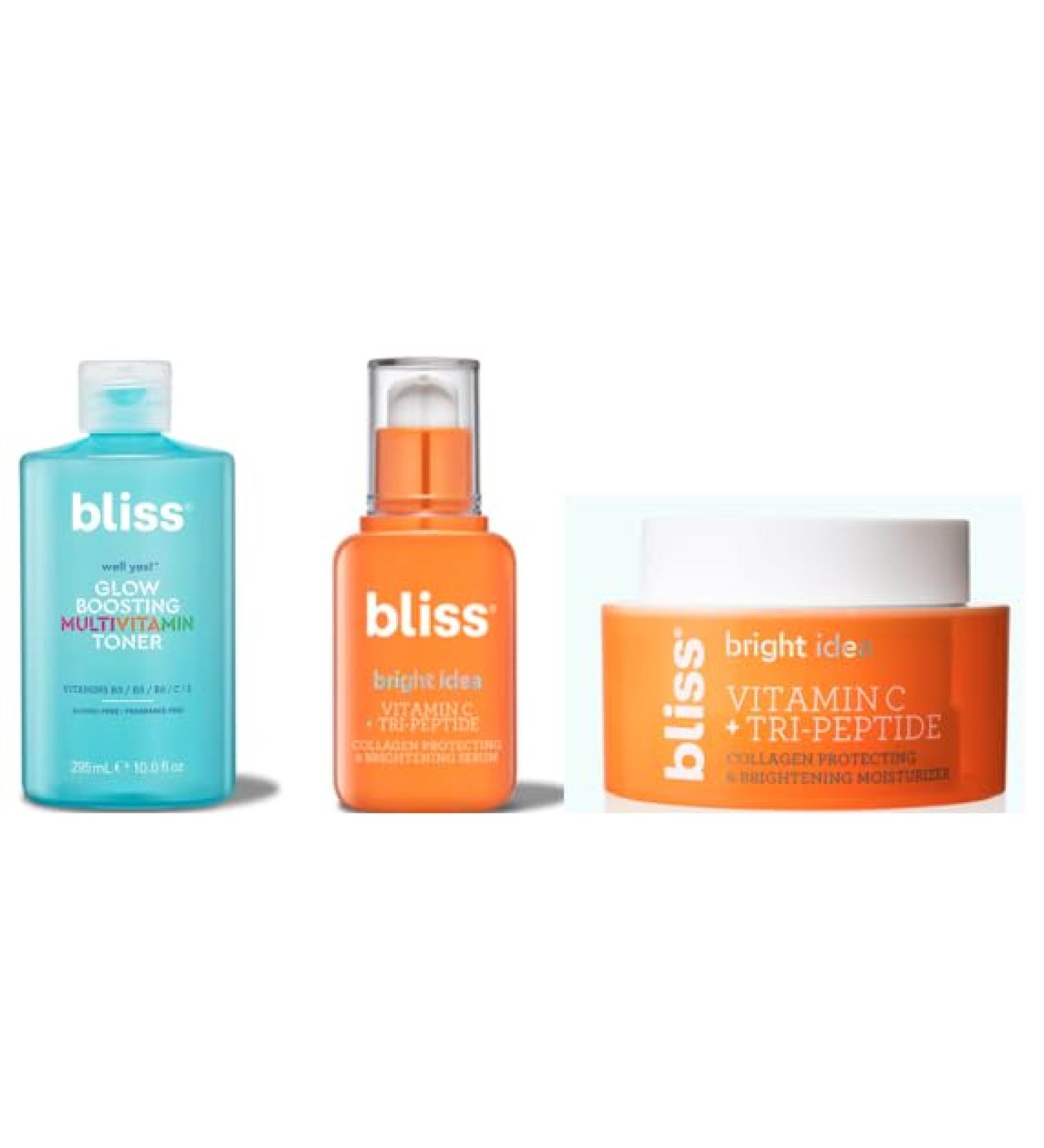 Bliss Complete Radiance Skincare Set - Vitamin C Serum Hydrating Toner & Brightening Moisturizer - Anti-Aging Dark Spot Reduction Skin Brightening & Hydration - Clean Vegan & Cruelty-Free - 3 Pack - Buy Online on GoSupps.com