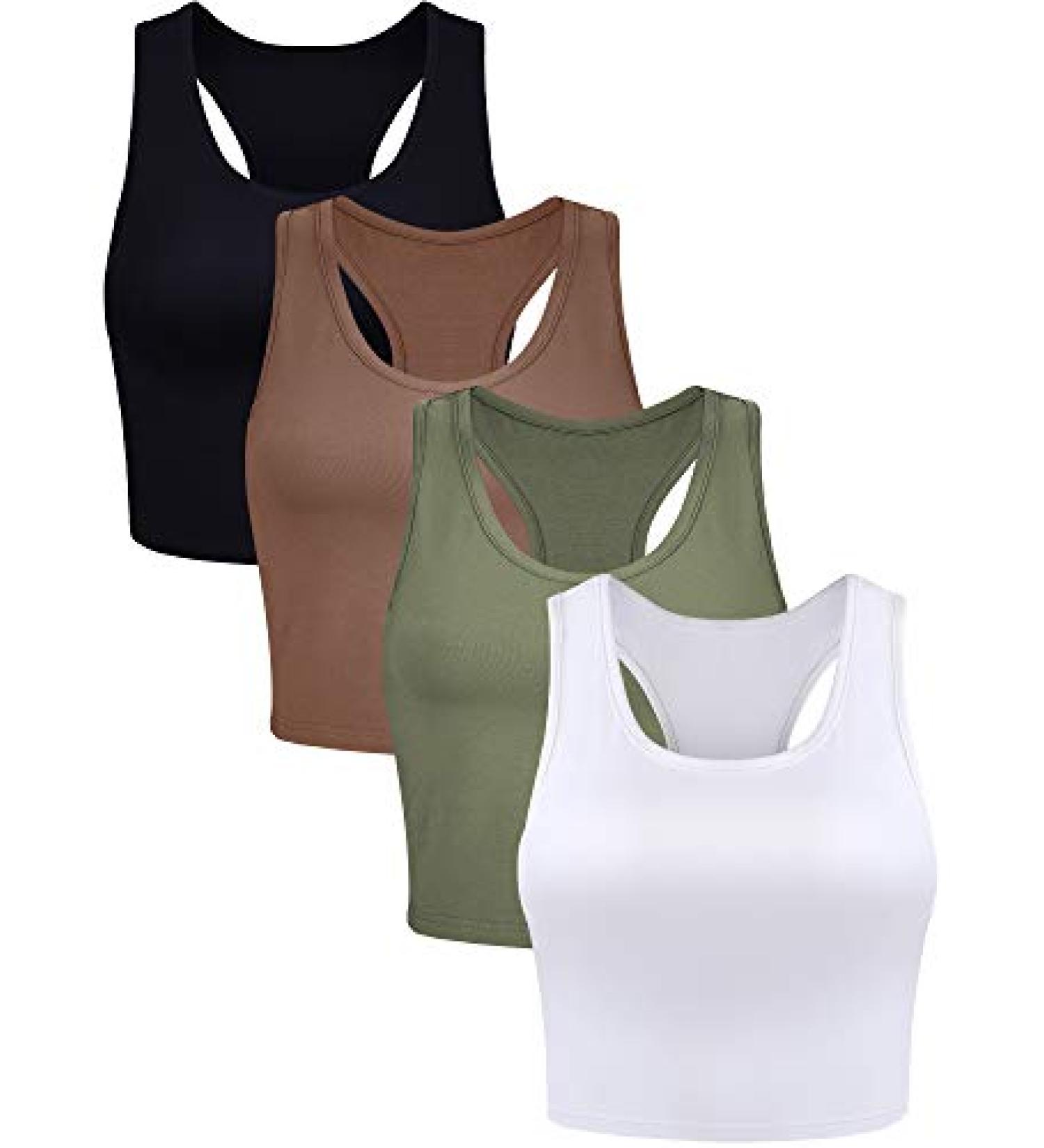 Boao 4-Piece Women's Crop Tank Tops Set - Sleeveless Racerback Sport Tops in Black, White, Army Green & Coffee Medium - Buy Online on GoSupps.com