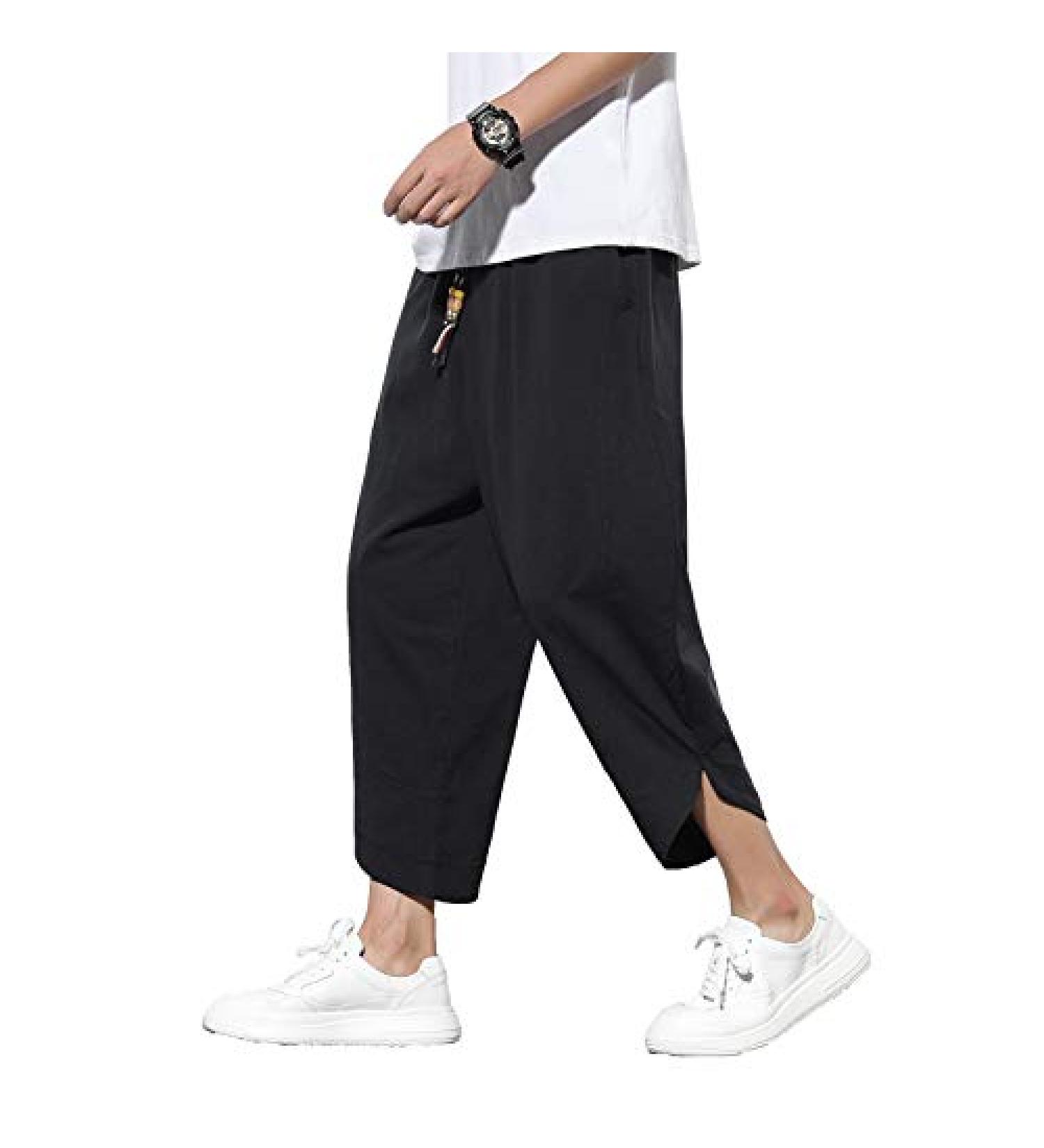 DOSLAVIDA Men's Casual Elastic Waist Linen Capri Pants Wide Leg Harem Yoga Trousers - Solid Black, Medium - Buy Online on GoSupps.com