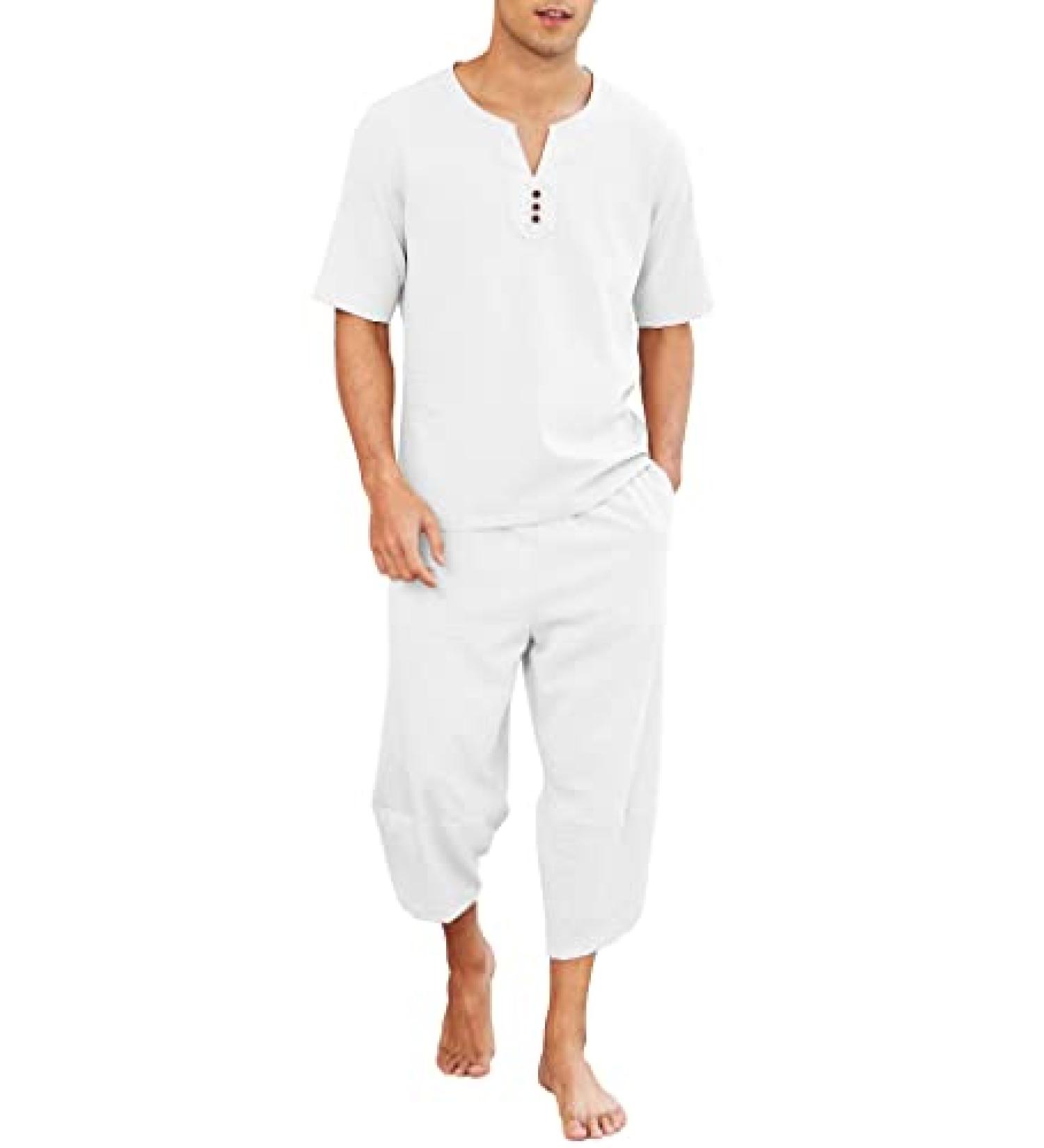 COOFANDY Men s Linen 2 Piece Set Henley Shirt Harem Capri Pants White XXL