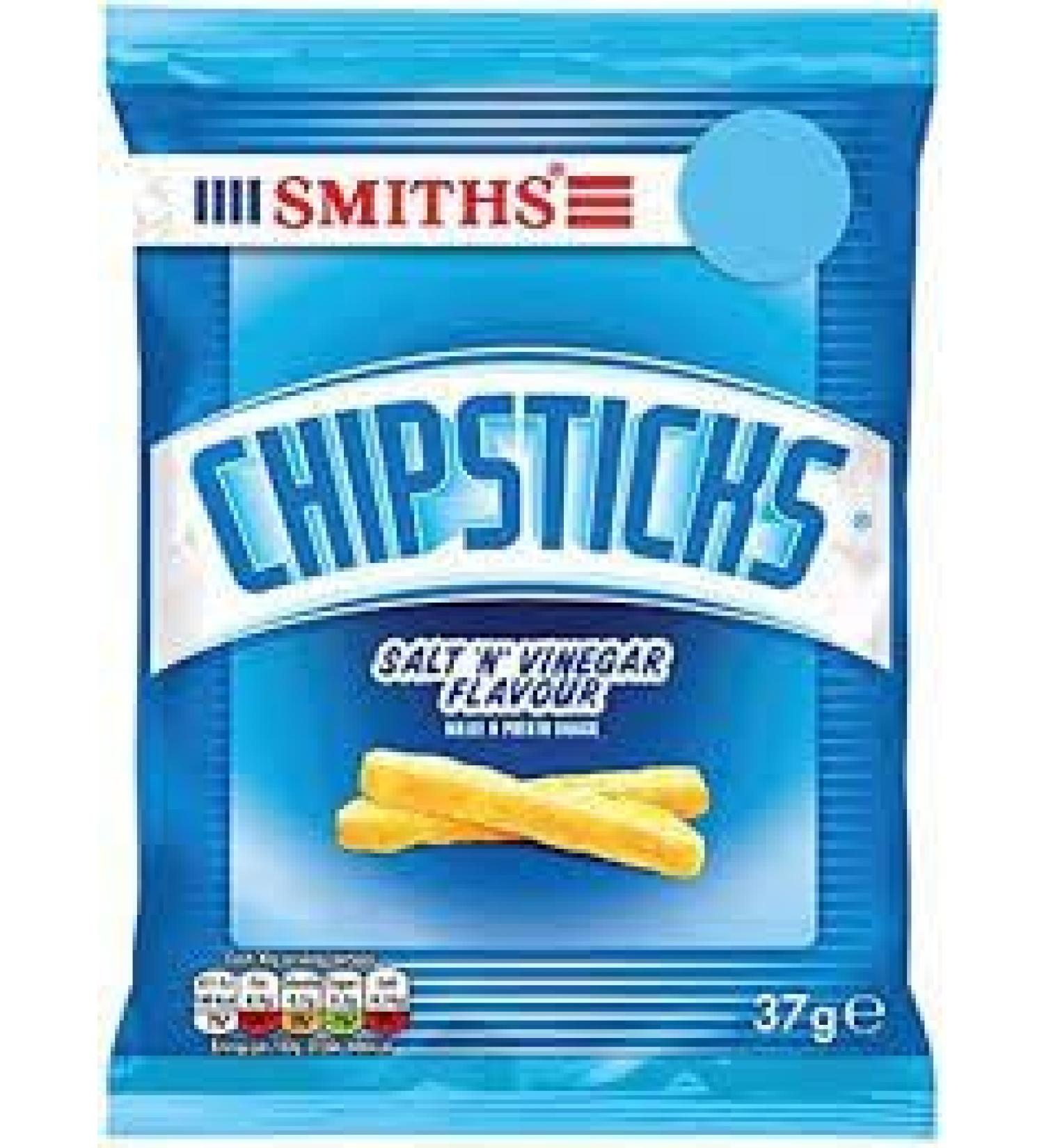 Smiths Chipsticks Salt 'N' Vinegar Flavour Maize & Potato Snack 37g (Case of 30 Bags)