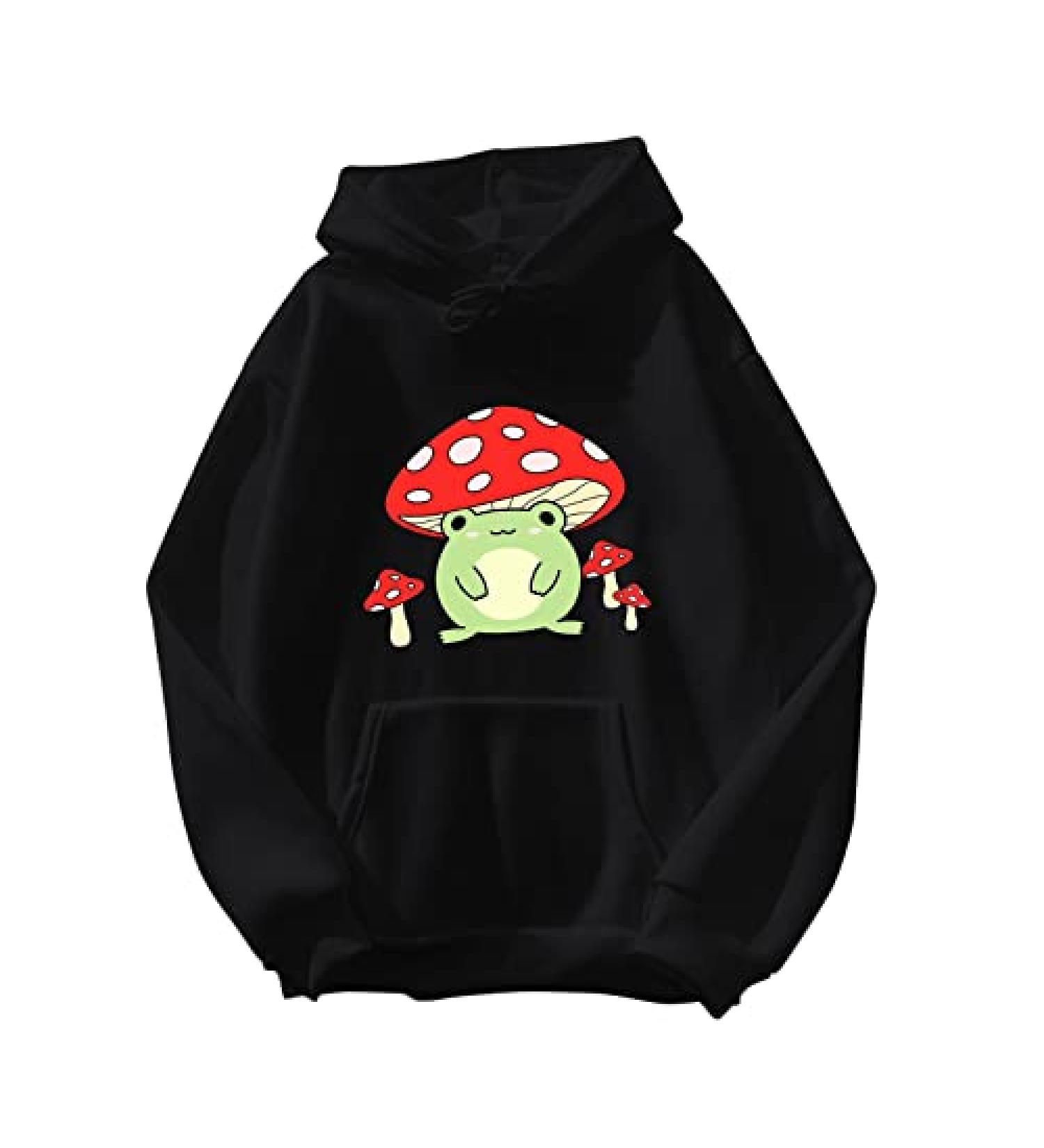 Cute Frog Mushroom Hoodie for Women | Long Sleeve Drawstring Sweatshirt with Pockets | Casual Top in Black | Size Medium - Buy Online on GoSupps.com