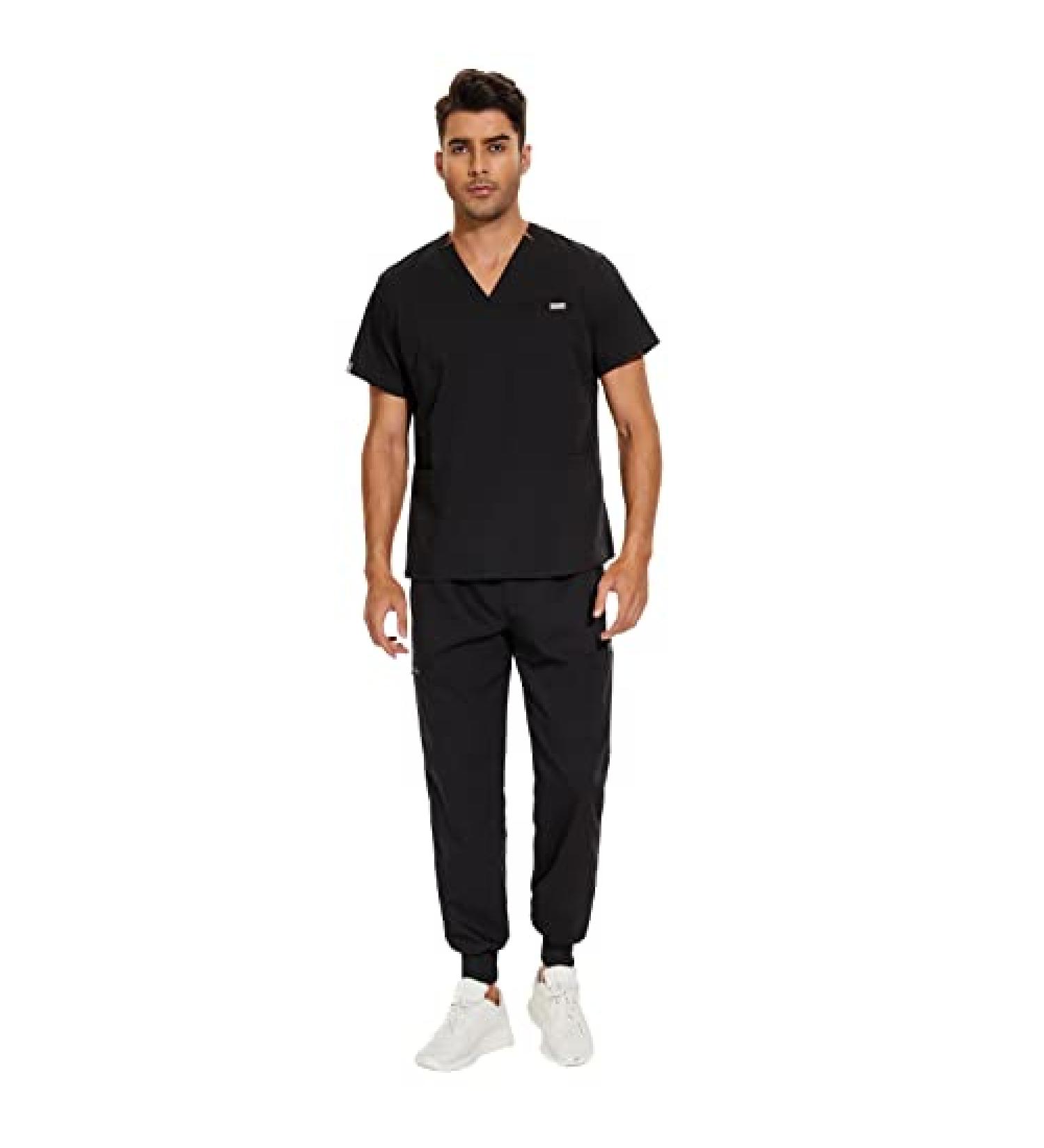 VIAOLI Men's Scrubs Set - V-Neck Top & Jogger Pant - 8 Pocket Cargo - Black L - Buy Online on GoSupps.com