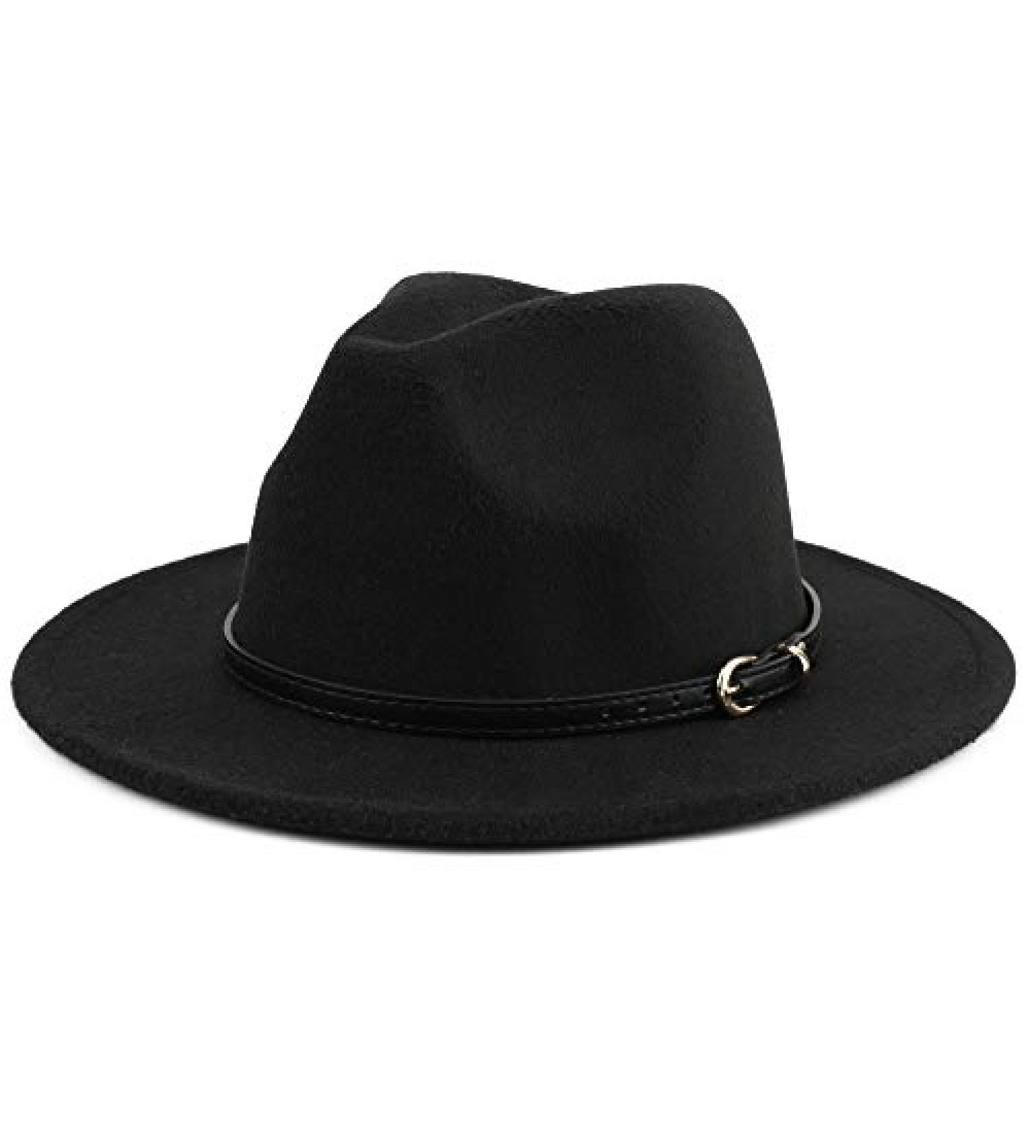 Melesh Wide Brim Unisex Belt Buckle Fedora Hat in Black - Classic Style - Buy Online on GoSupps.com