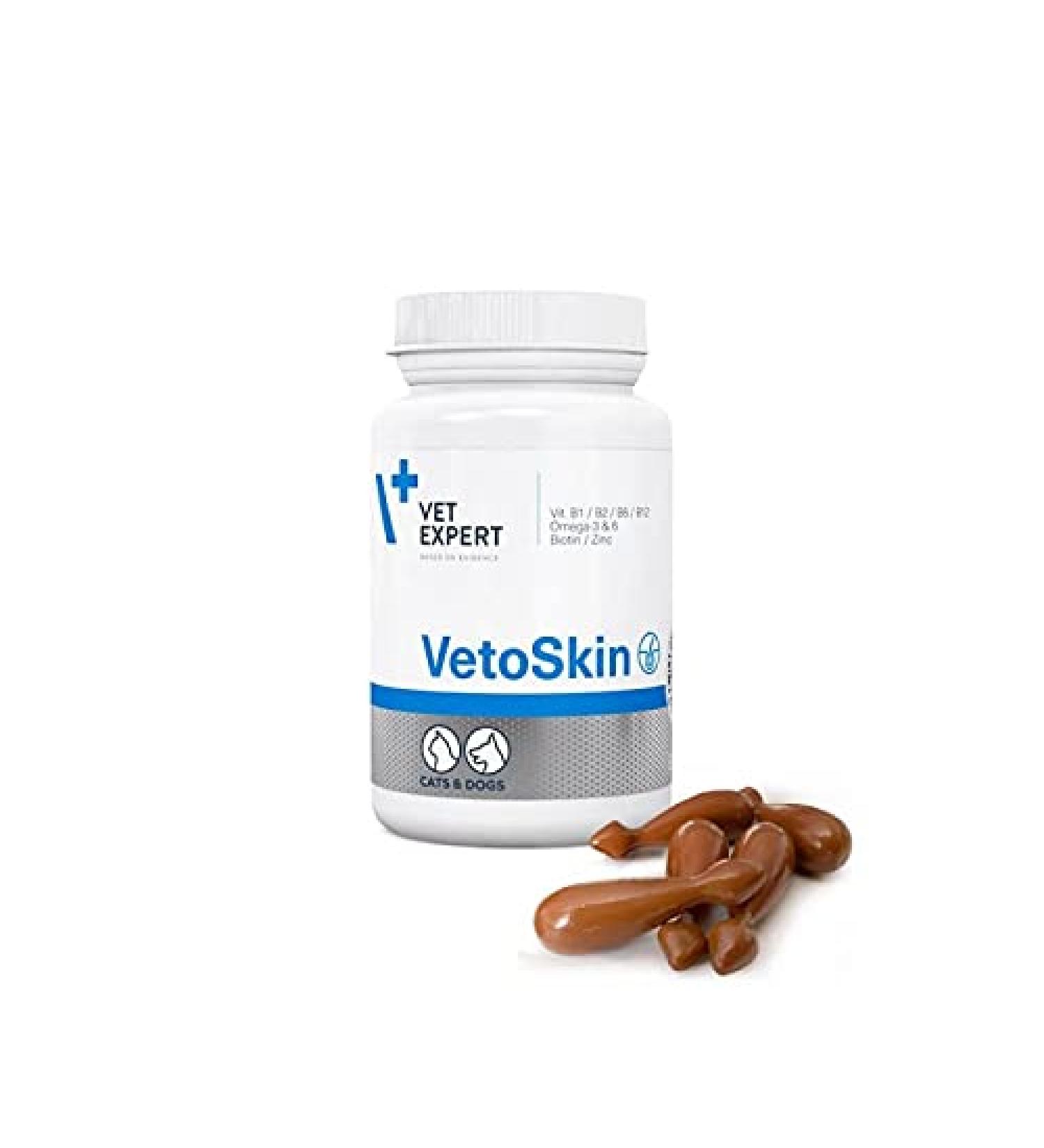 VetExpert VetoSkin 90 capsules for dogs and cats contains Omega-3 and Omega-6 fatty acids to support coat and skin