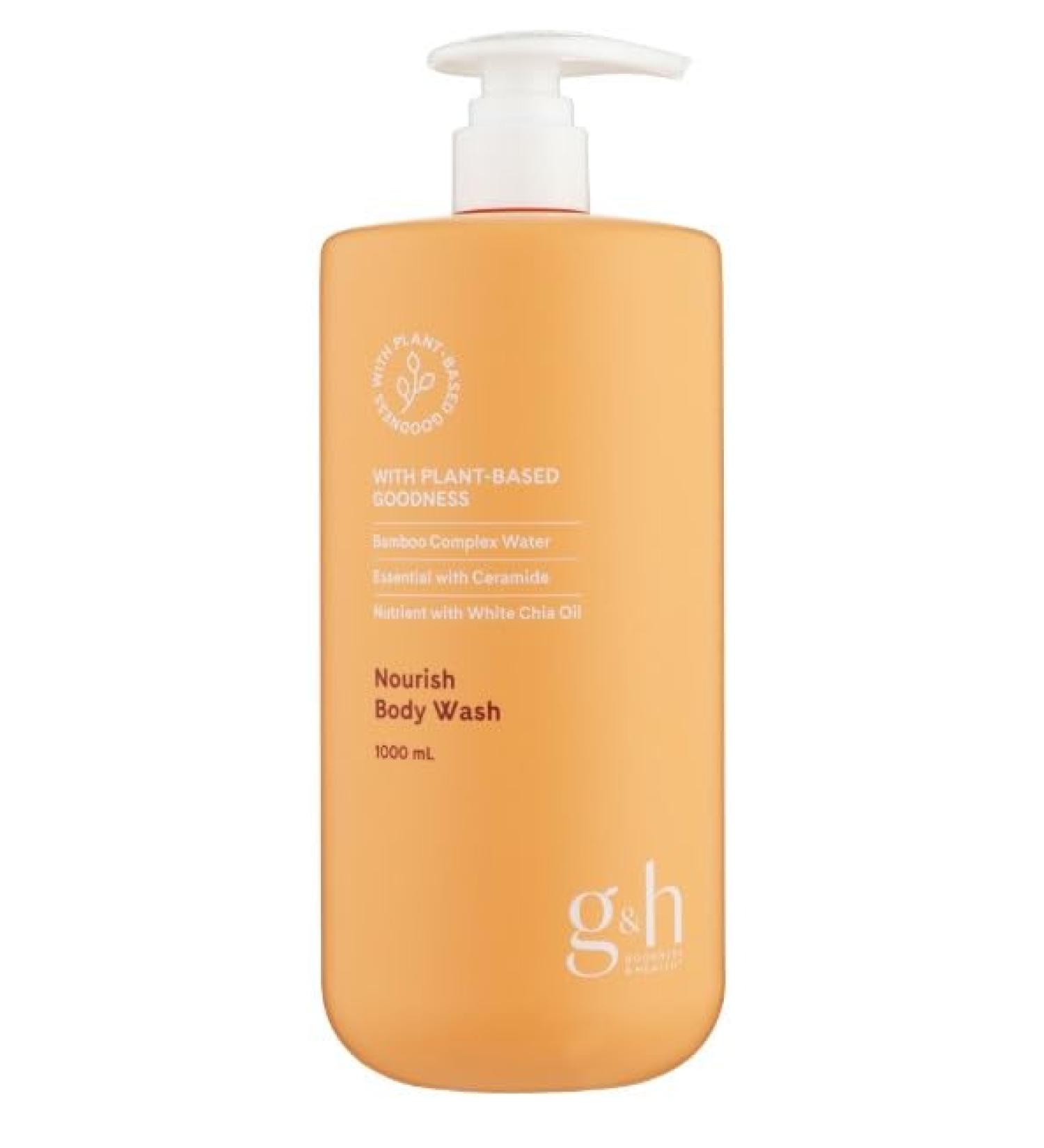 GH Nourish Family Size Shower Gel Bamboo Complex Water Olive-Derived Ceramide & White Chia Oil Creamy Moisturizing Body Wash 33.8 fl oz (1000 ml)