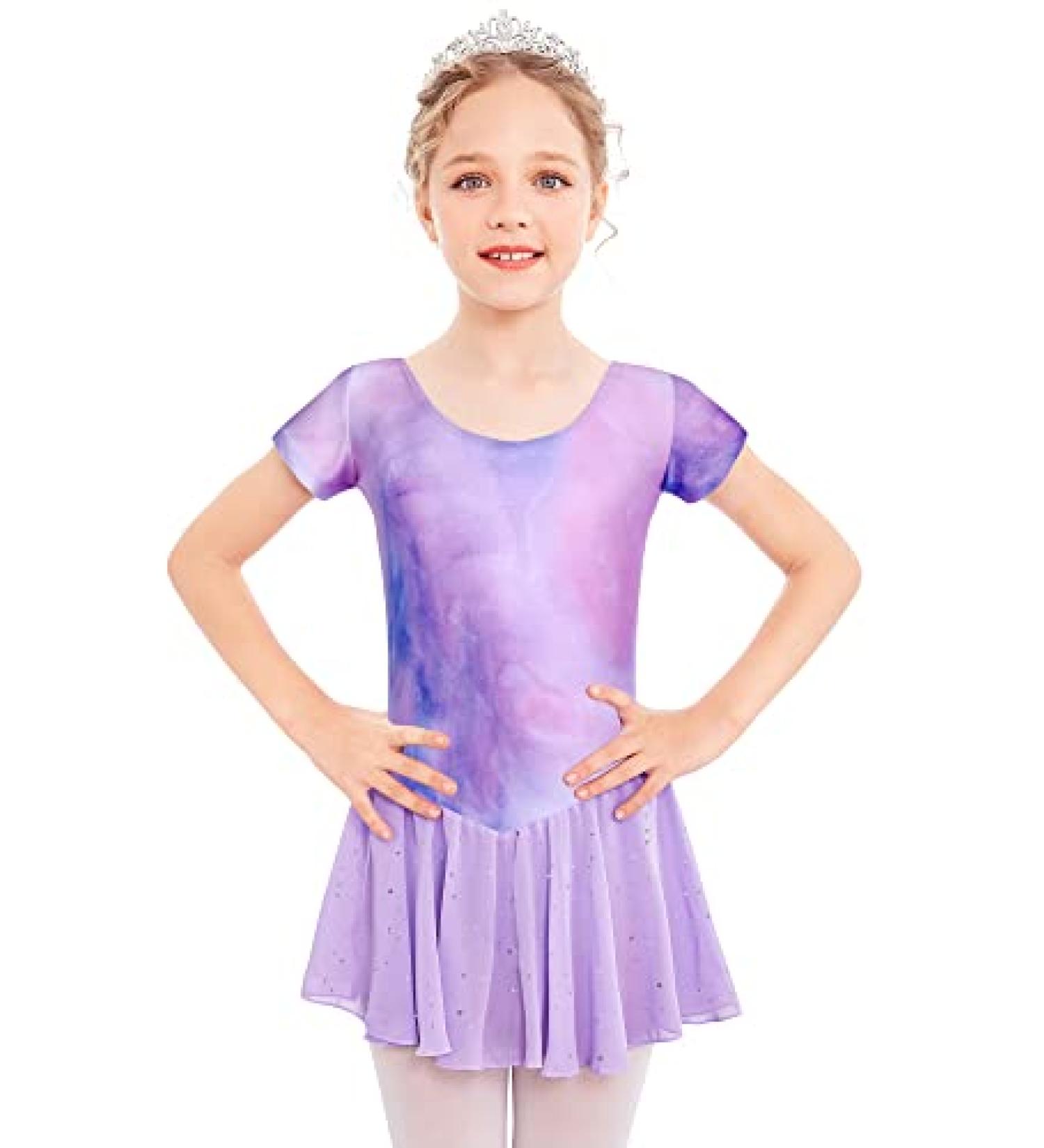 Arshiner Girls Ballet Leotard with Chiffon Tutu Skirt - Tie Dye Lilac, 7-8 Years - Buy Online on GoSupps.com