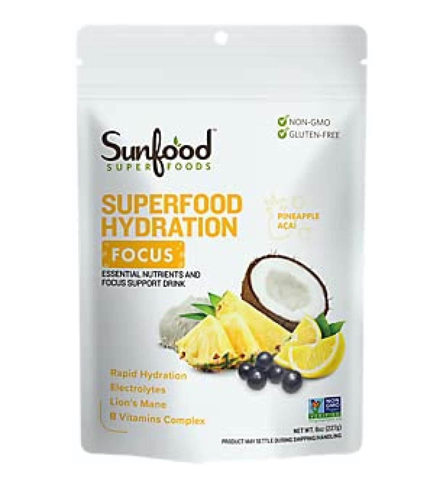 Sunfood Superfoods Hydration Electrolyte Powder Drink Mix | 8 oz. Bag 20 Servings | Coconut Water Pink Himalayan Salt Lemon & Pineapple Juice Mix | Lion's Mane & B-Vitamin Complex Focus
