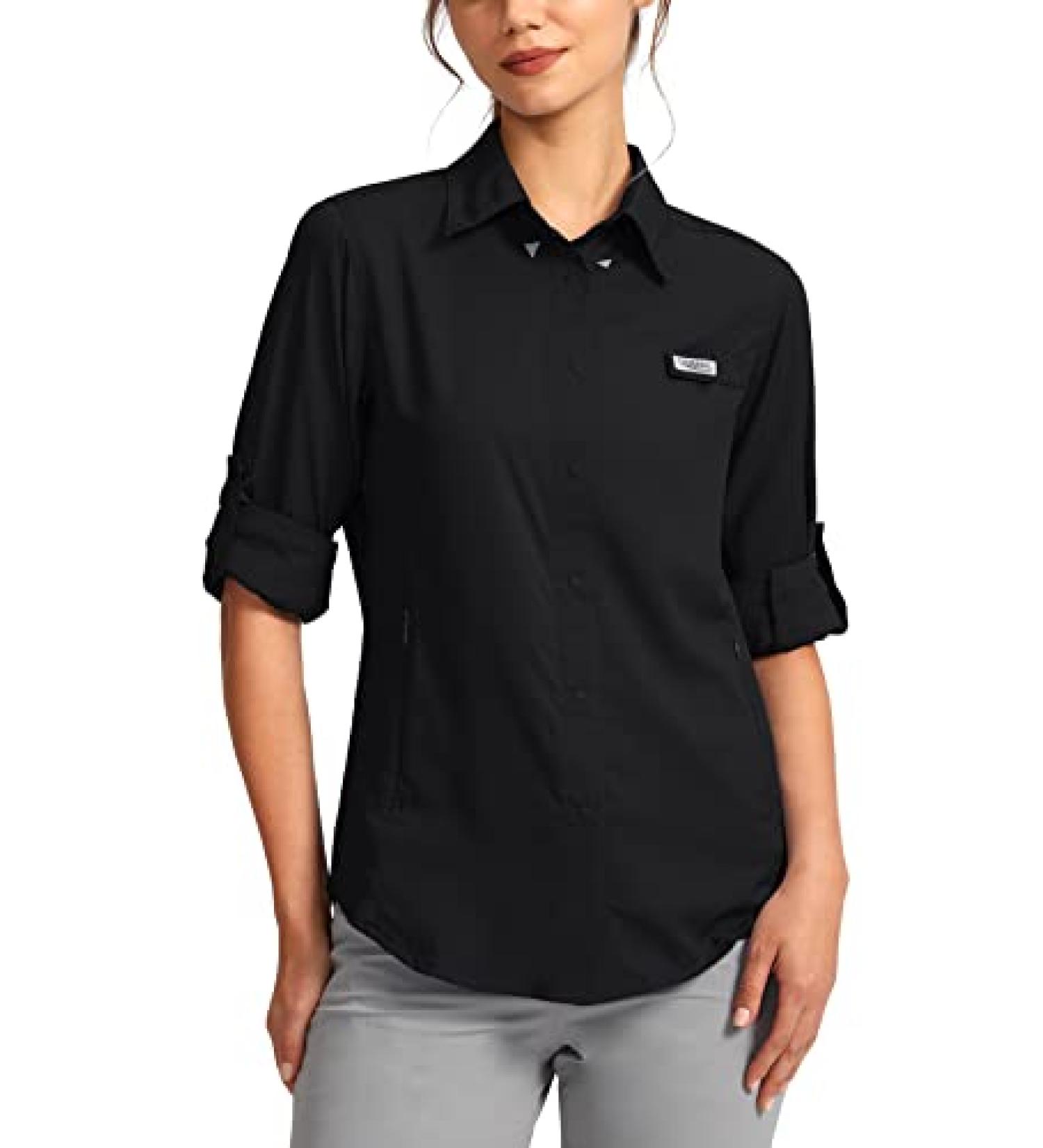 Women's Sun Protection Fishing Shirt with Zipper Pockets - Lightweight SPF Long Sleeve for Hiking & Safari - Large Black - Buy Online on GoSupps.com