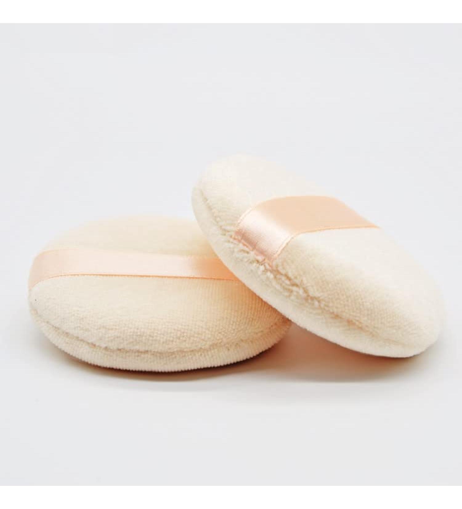 Loose Powder Puff 5 Pieces Round Soft Sponge Face Makeup Compact Body Container Setting Pressed Blending Foundation Cream Make Up Ribbon Strap Sponge Cushion Applicator (Beige)
