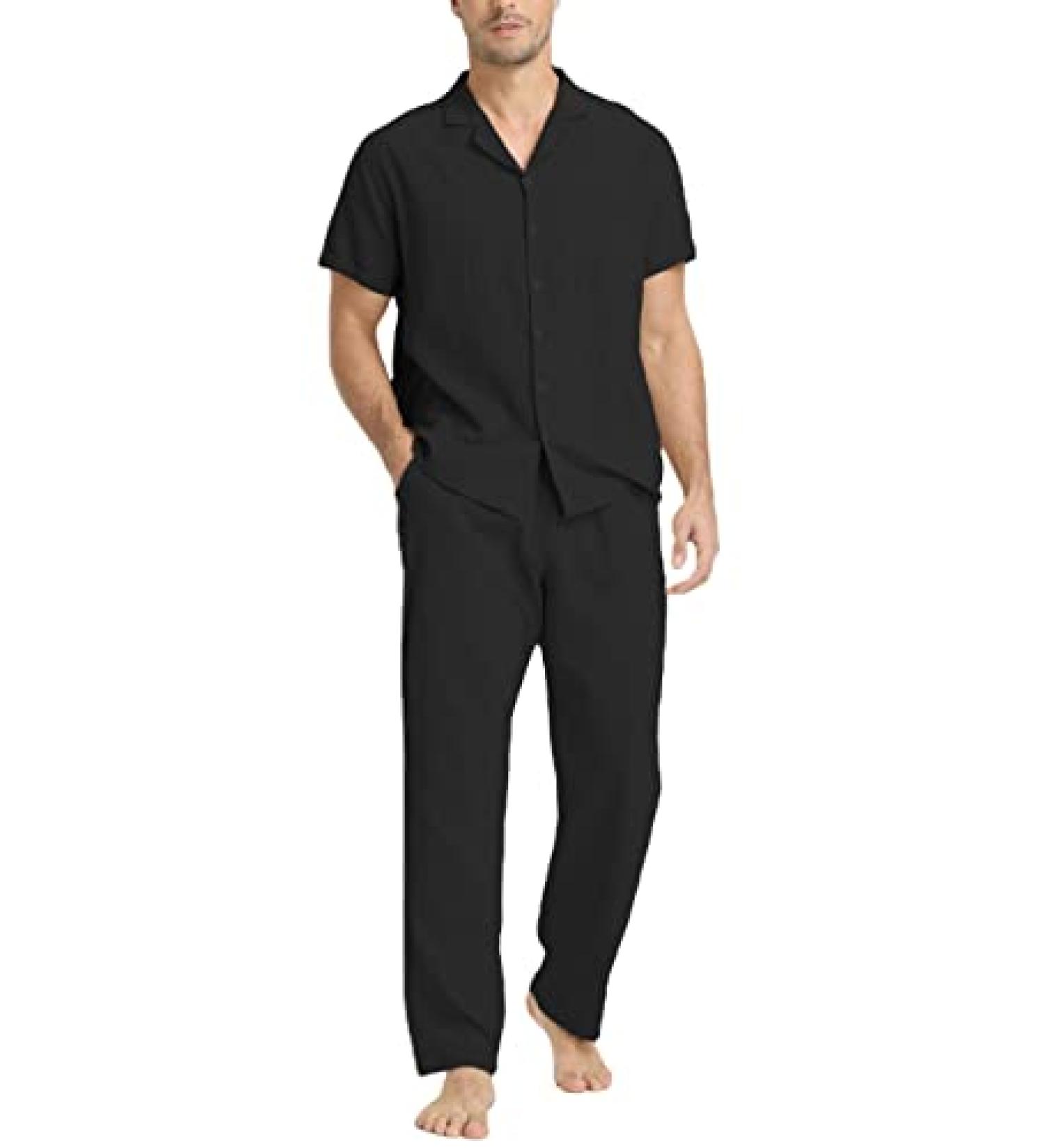 Men's Linen Shirt and Pants Set | Short Sleeve Shirts and Yoga Pants | Beach Wedding Outfit - Buy Online on GoSupps.com