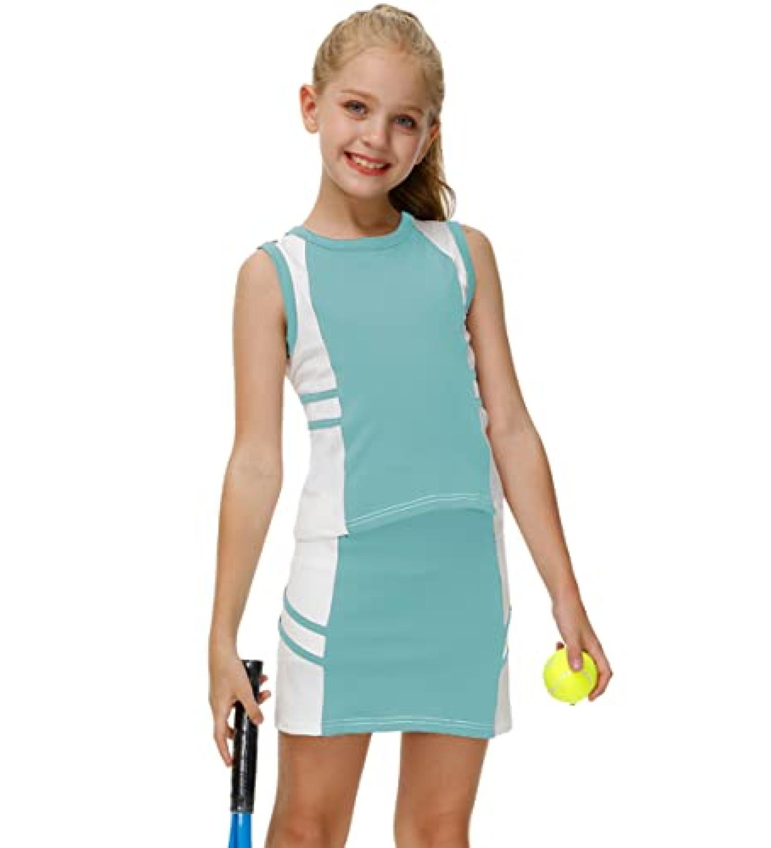 AOBUTE Girls Tennis Golf Outfit Set | Tank Top and Skirt with Shorts | 6-7 Years | Light Green - Buy Online on GoSupps.com