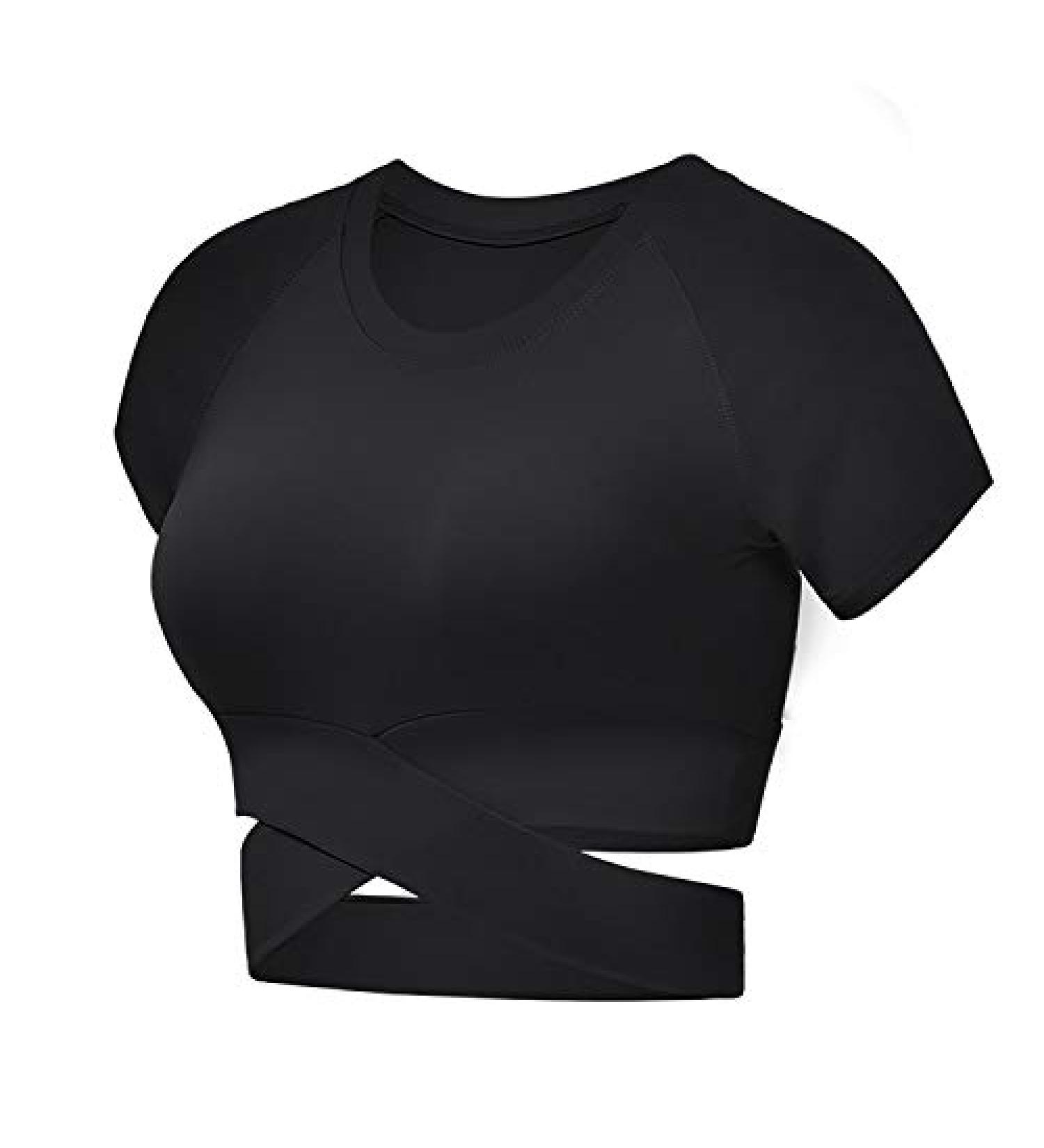 DREAM SLIM Women's Workout Crop Top - Cross Dance Yoga, Slim Fit Stretchy Shirt (Black, Medium) - Buy Online on GoSupps.com