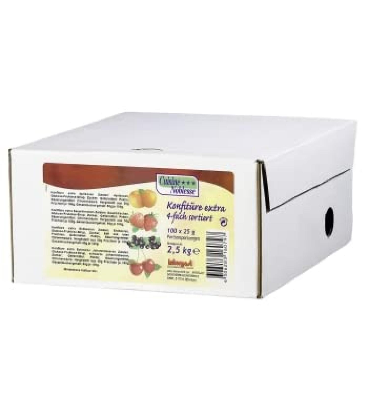 Jaming small portions 4-folded 100 x 25g |Jam in portion packs for gastro |Strawberry apricot cherry & Johannesbeer |For gastronomy hotels snack bar