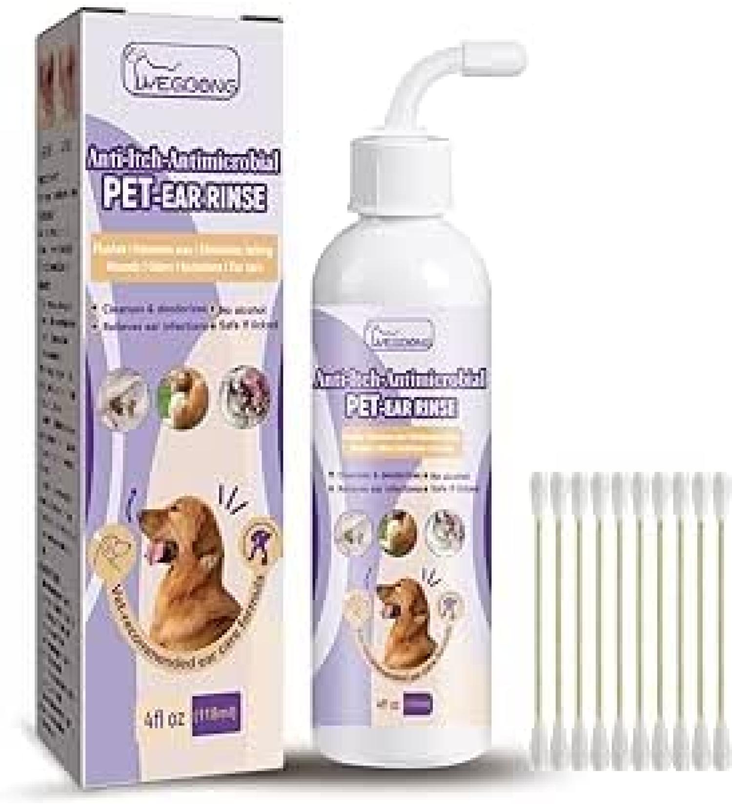 Dog Ear Rinse Dog Ear Cleaner Solution & Infection Treatment for Dogs & Cats Dog Ear Wash Helps Removes Earwax Odor Stop Infections and Itching Contains 10 Cotton Swabs 118ml/4fl.oz - Buy Online on GoSupps.com
