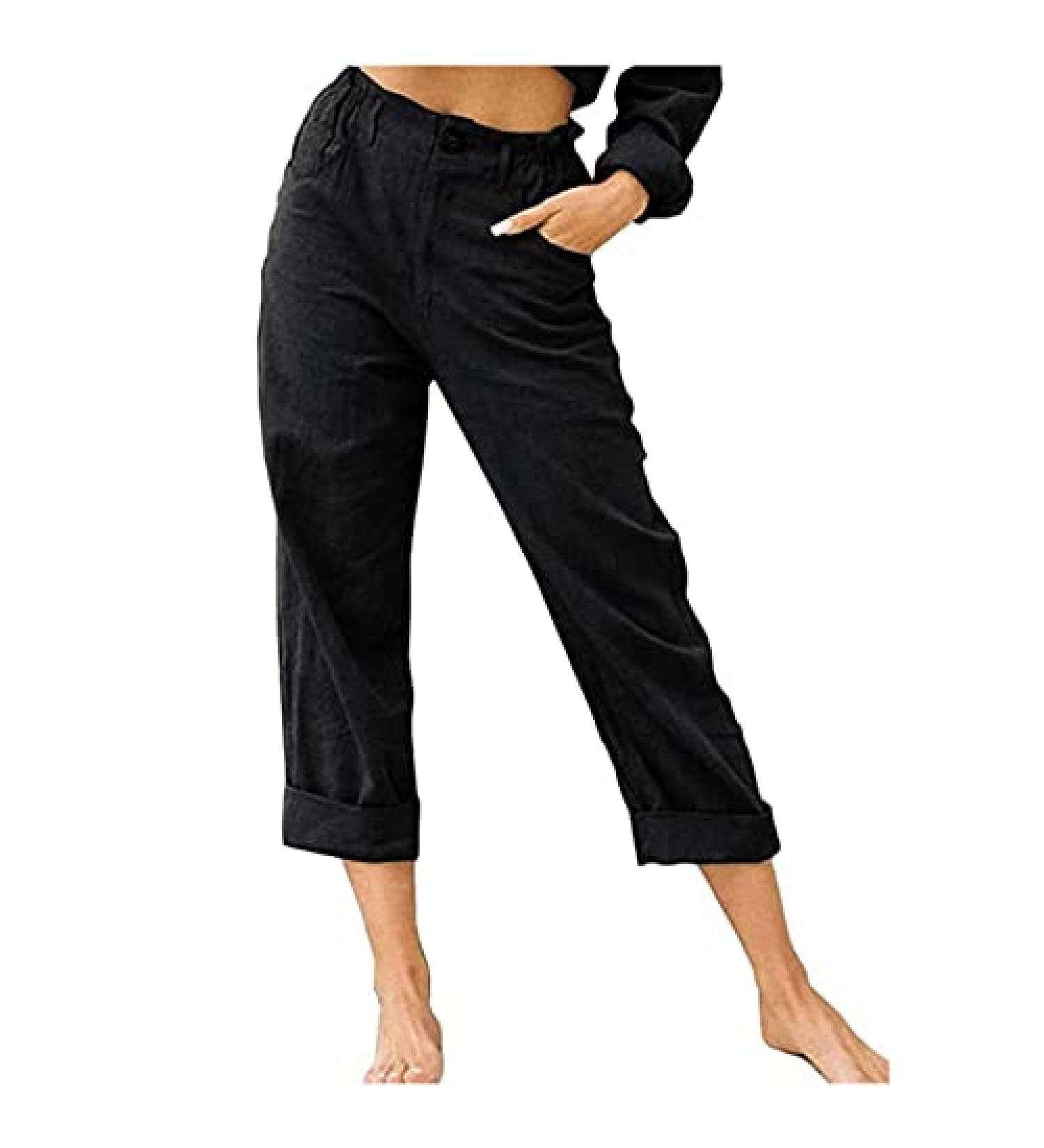 YRAETENM Women's Fall Solid Linen Ruffle Pants - High Waist Cropped Pants - Black - Buy Online on GoSupps.com