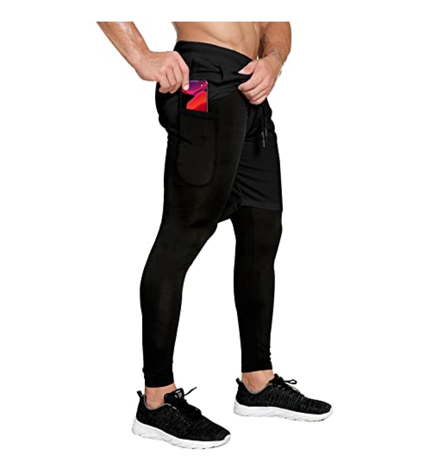 OEBLD Men's 2-in-1 Compression Running Workout Pants with Towel Loop - Large Black - Buy Online on GoSupps.com