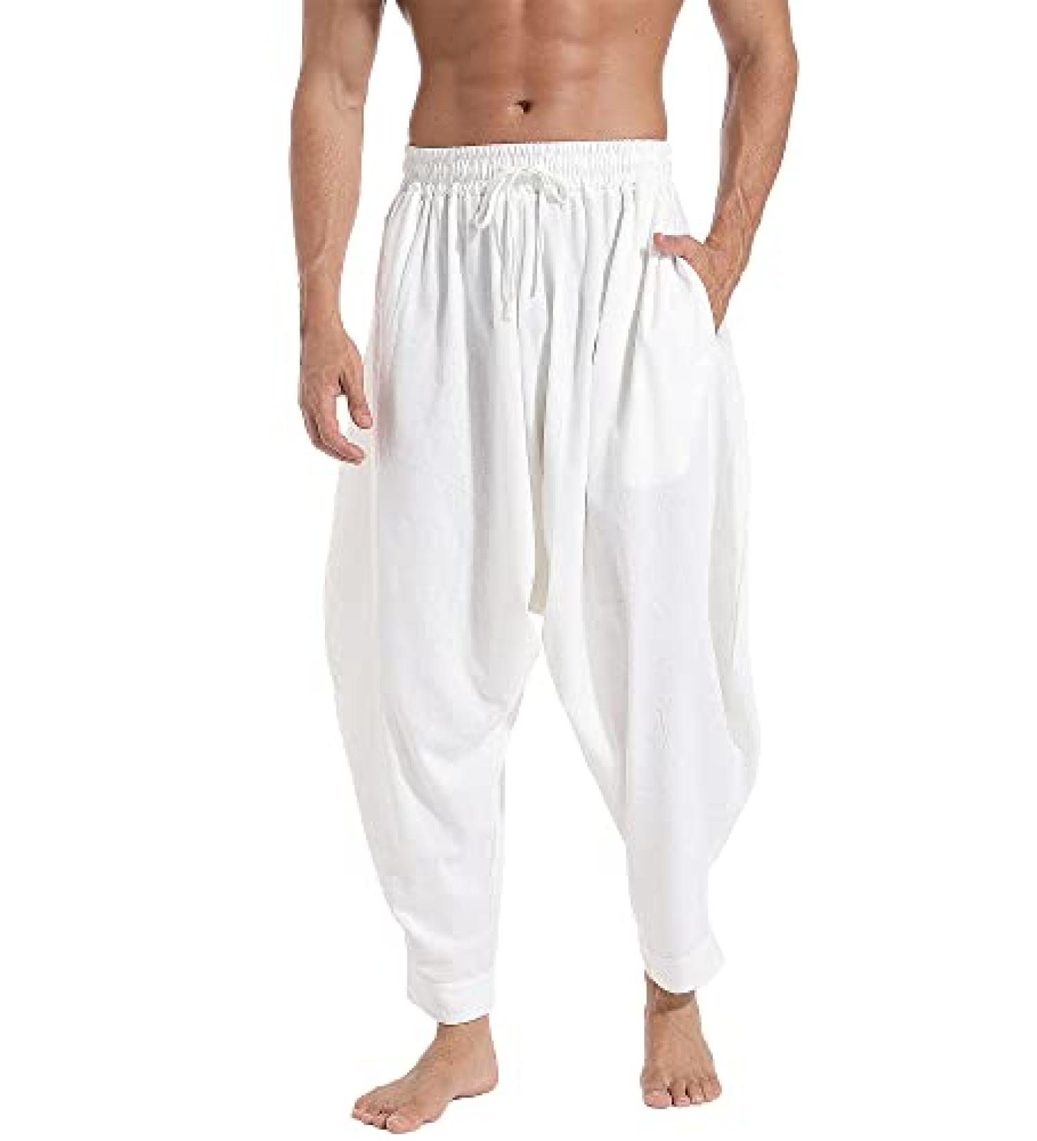 Perdontoo Men's White Casual Baggy Drawstring Harem Pants - Hippie Boho Aladdin Style - Buy Online on GoSupps.com