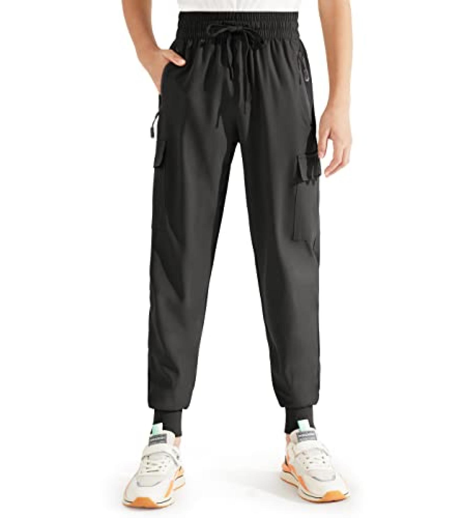 Libin Boy's Youth Cargo Joggers Pants - Quick Dry Lightweight Tapered Pants for Outdoor Sports - Black, 6-7 Years - Buy Online on GoSupps.com
