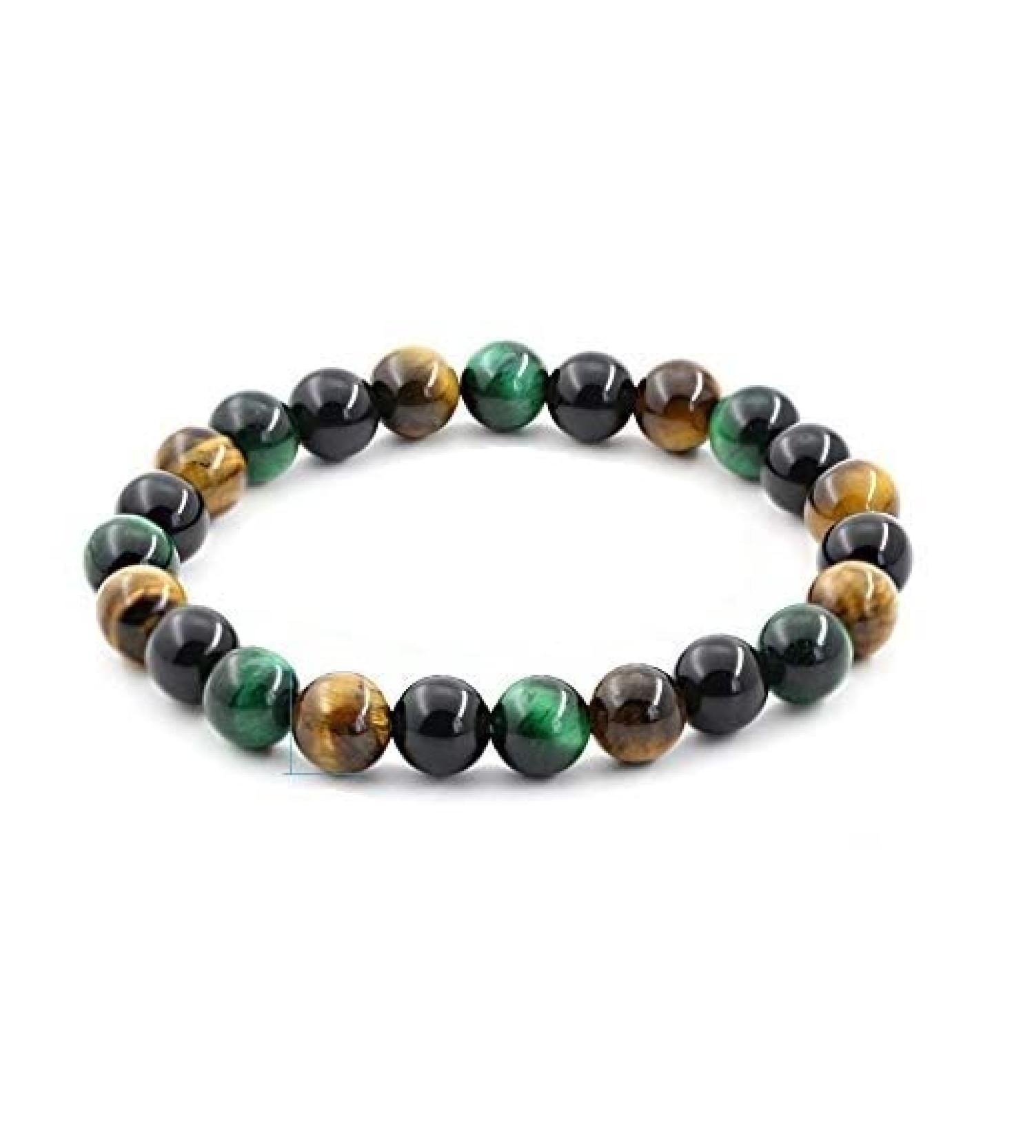 Natural Black Obsidian Hematite Green Tiger's Eye Crystals Triple Protection With Evil Eye Crystals Bracelet For Men And Women Standard Crystal Tiger's Eye