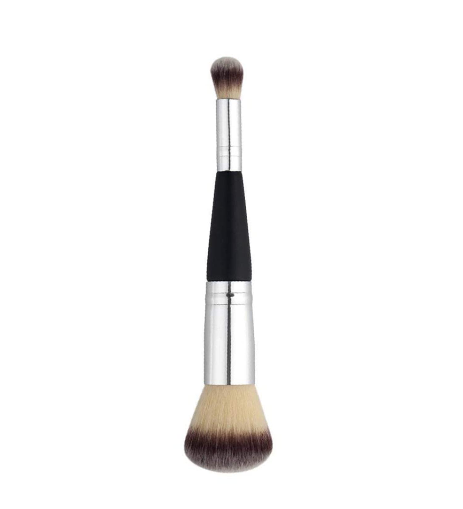 Multifunction Double Head Makeup Brush - Professional Wood Handle for Powder Blush & Eye Cosmetics - Black & Silver - Buy Online on GoSupps.com