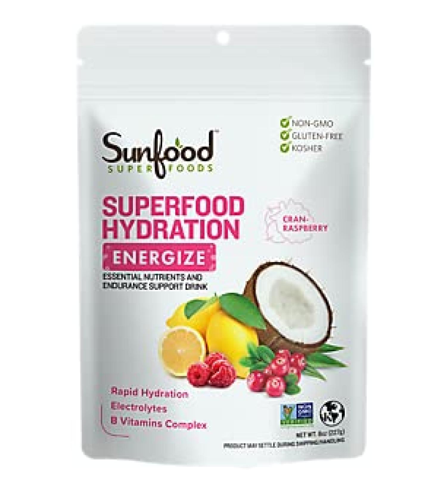 Organic Superfood Hydration & Energize Powder with Electrolytes & B Complex - Cran-Raspberry (8 Oz. / 20 Servings)