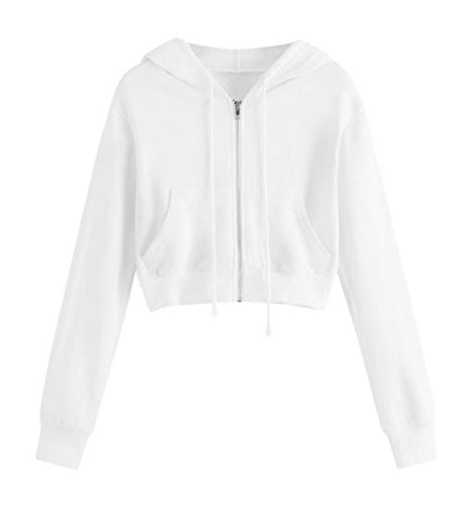 White Long Sleeve Crop Top Zip Up Hoodie with Pockets for Women - Workout Sweatshirts - Buy Online on GoSupps.com