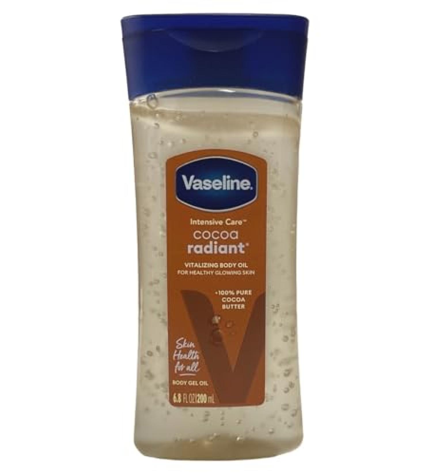 Vaseline Cocoa Radiant Body Oil 6.8 Oz - Intensive Care Cocoa Butter Gel Body Oil | Bundled With Bath Sponge Deeply Hydrating Cocoa Butter Body Oil For Soft & Supple Skin Pack Of 3