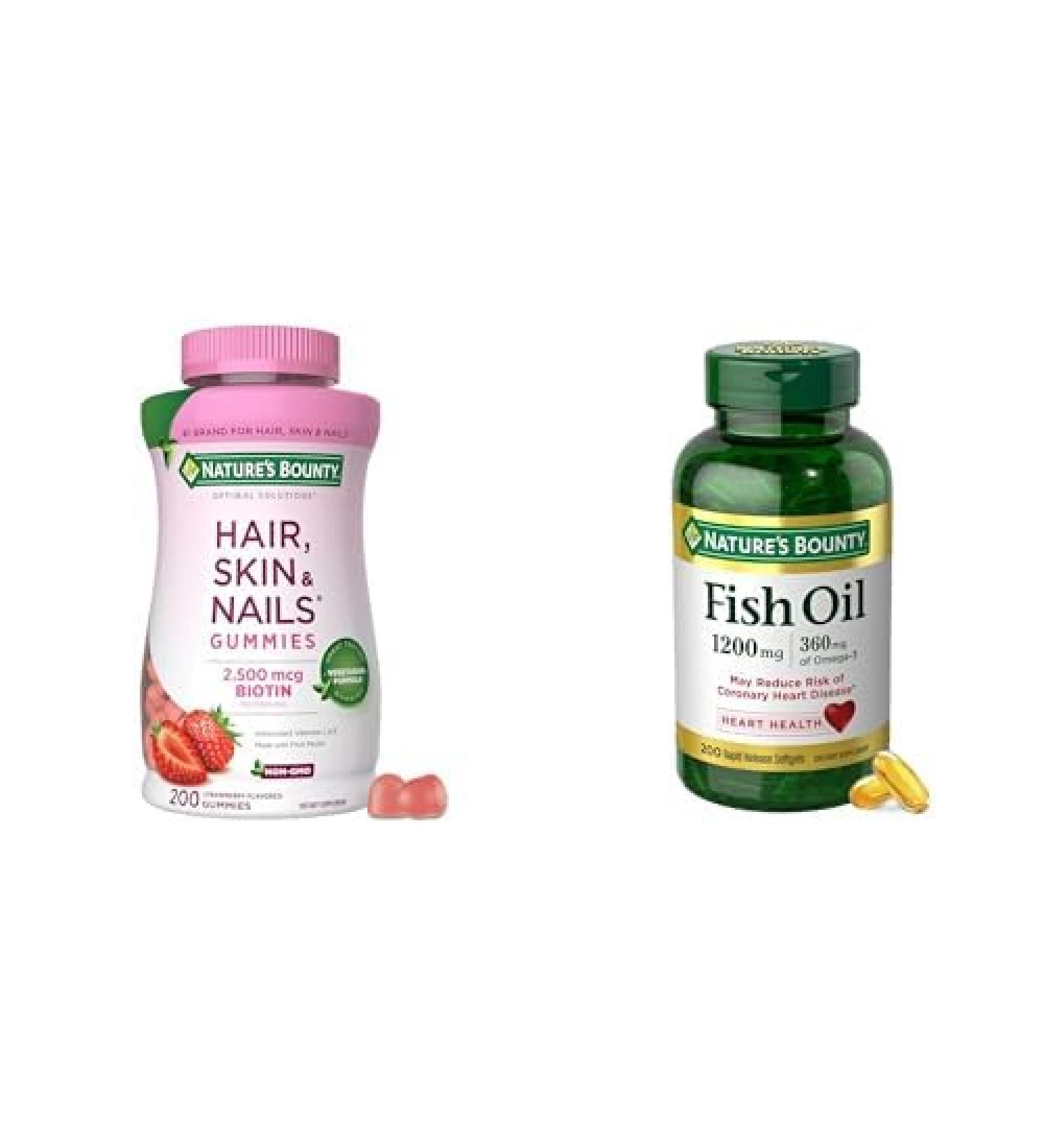 Nature s Bounty Hair Skin & Nails Gummies with Biotin (200 Ct) + Fish Oil Omega-3 1200mg Softgels (200 Ct) | Beauty & Heart Health Supplement Bundle