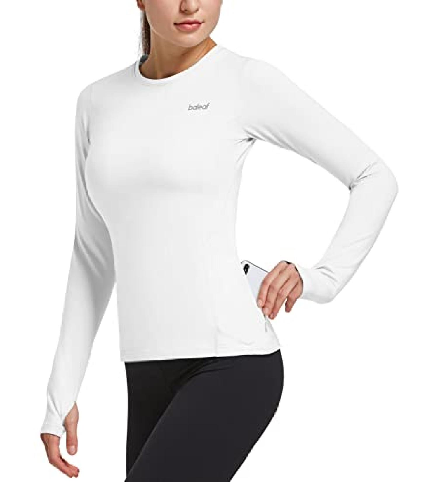 Baleaf Women's Thermal Fleece Long Sleeve Shirt - White, Large | Running Athletic Top with Thumbholes & Zipper Pocket - Buy Online on GoSupps.com