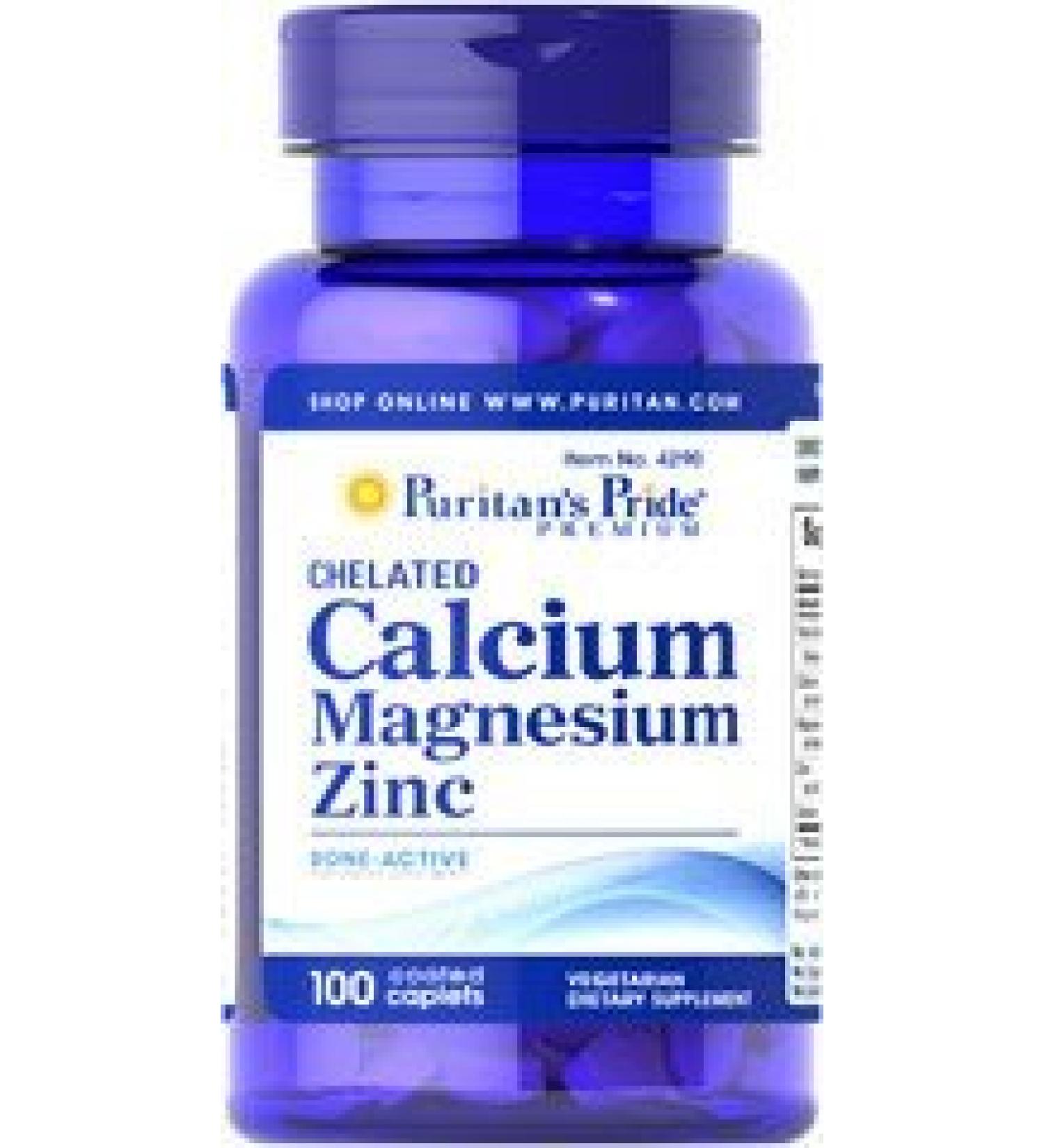 Puritan's Pride Chelated Calcium Magnesium Zinc 1000 Mg/400 Mg/25 Mg / 100 Caplets