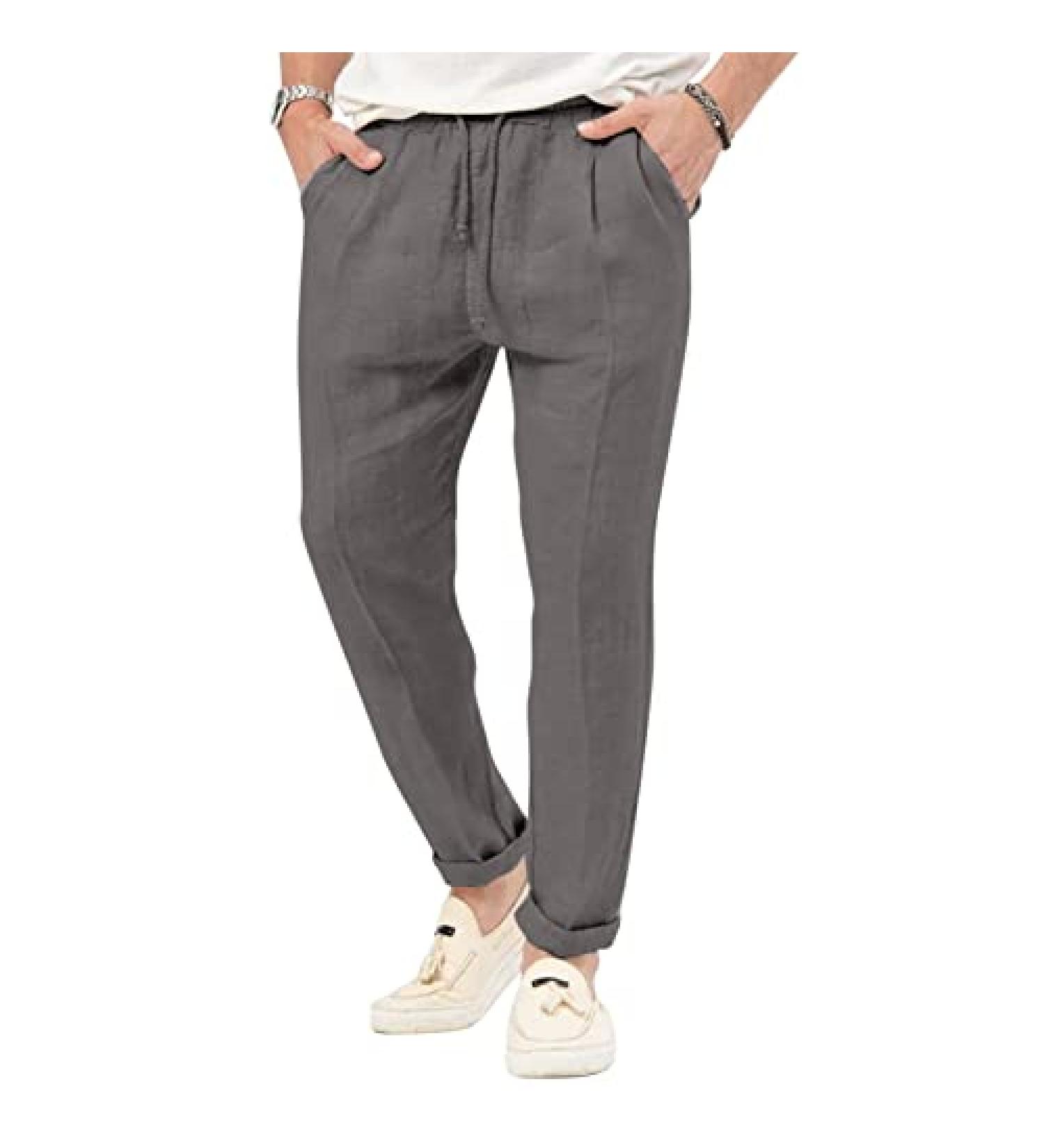 Men's Drawstring Cotton Linen Pants - Grey XX-Large | Elastic Waist, Loose Fit Joggers for Yoga, Beach, and Casual Wear - Buy Online on GoSupps.com