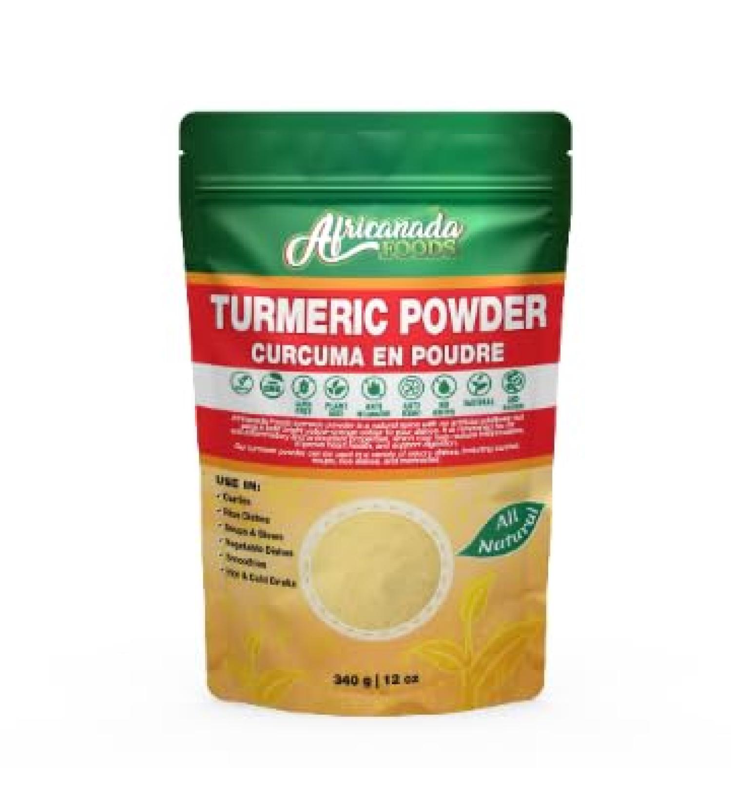 Africanada Foods All Natural Turmeric Powder | Use in Curries Rice Dishes Soups and Stews Vegetable Dishes Smoothies Hot and Cold Drinks | resealable bag | 340g